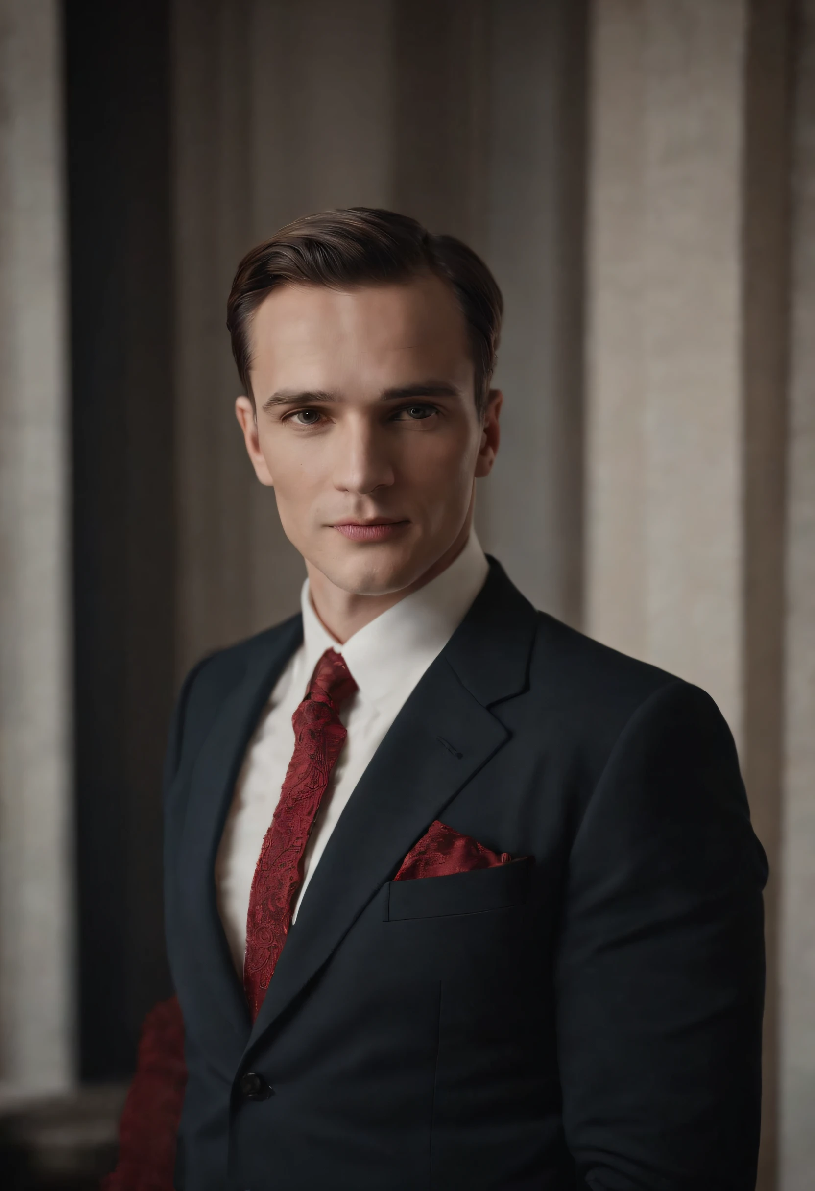 Napoleon Hill com 60 anos vestindo terno preto, camisa branca e gravata vermelha