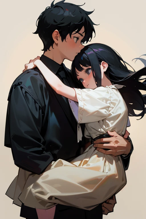 (1 girl), (1 boy), black hair, boy carrying girl, princess carry, high quality, high resolution, masterpiece