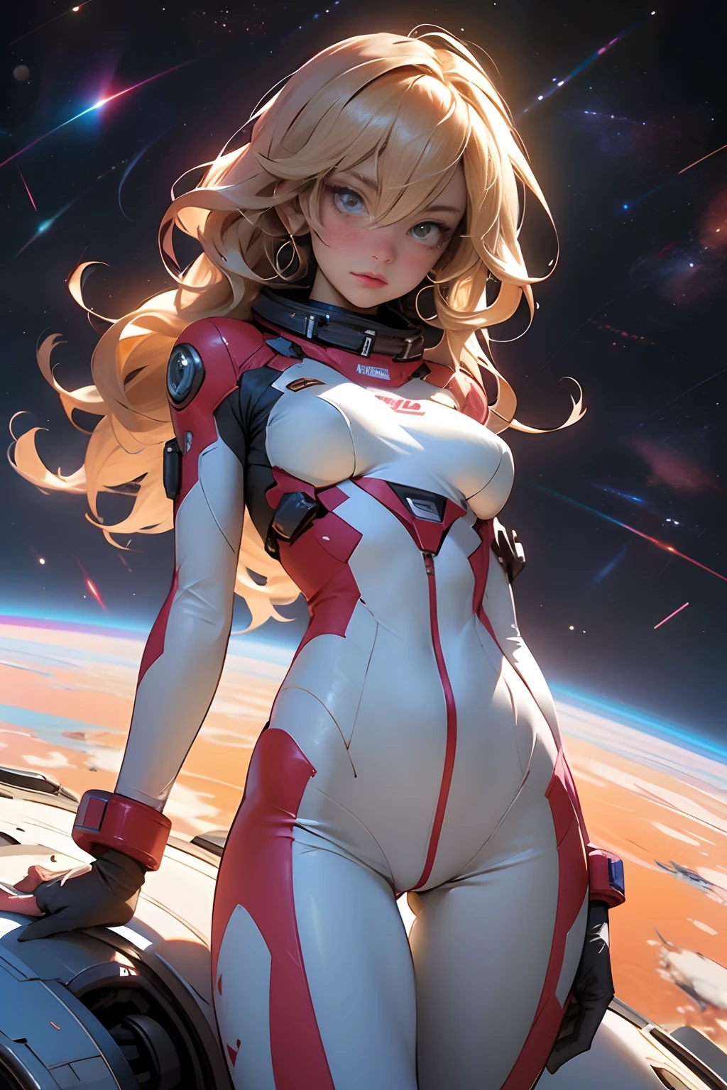sandy hair fit body large breasts slender thighs slender waist pilot suit solo looking at viewer in space long hair blushing determination, 8k, extreme detail,