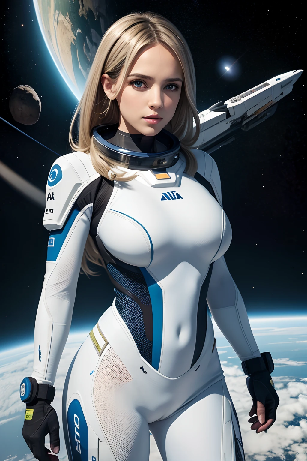 Mia Malkova | Arte Vetorial | segurando uma arma | Look at the camera | Corpo inteiro | poses sensual | Cabelos longos | Spacesuit white and lime | space Background | flying in the space | luz azul predominante | highes definition | ALTOS DETALHES | ESTILO Grafico | TRAJES FUTURISTA | Max Resolution | Arte vetorial