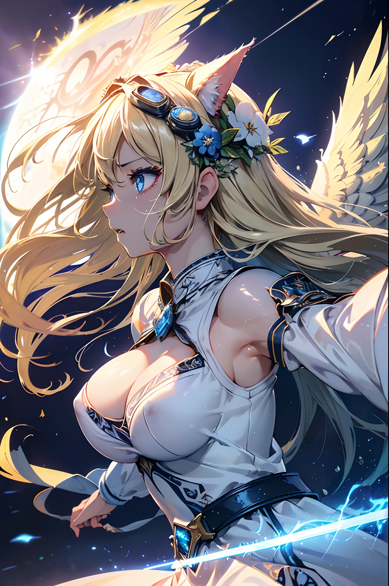 hiquality、masutepiece、Green theme、hight resolution、Top image quality、(Cat's ears、Wear detailed goggles on your head:1.5)、(very long long hair、Blonde emphasis:1.5),(Detailed eye focus:1.3)、 (Complex church background:1.3),(sad、Proud Expression、Opening Mouth:1.3)、(breast closeup:0.7),(Frontal profile of the upper body:1.7),(Face Zoom:1.5),(Bridal Dress Wrapping:1.5),(Angel wings:1.4),A vortex of blue light enveloped her, Canon 5D, 85 mm, Depth of subject,autofocus, 8K, ultra sharpness, nffsw, octane, Unreal, Dramatic light, Global Illumination,Motion Picture Film,rainbow,lensflare,Highly detailed,(The Art of Magic and the Maiden of War:1.3),(Fantasia:1.3),(Agfacolor:1.3),(Detailed eye zoom:1.3),(Feminine:1.4),(Beautiful:1.4),(Attractive:1.3),Move an angle,(moon background、blizzard:Theme 1.3),(perfectly detailed eyes,brue eyes:1.4),Studio Lighting,Themed Background,hair messy,Myths and the spread of wings、Apply lipstick。(brilliance:1.4),(iridescent:1.3),Luxury Specifications、Complex and detailed landscapes、(Battle Angle of the War Maiden:1.7),(White church background:1.3)、Large woman with good style, (Hold the sword of the hero precisely with your right hand:1.3),(The Fighting Stance of the Brave:1.5)
