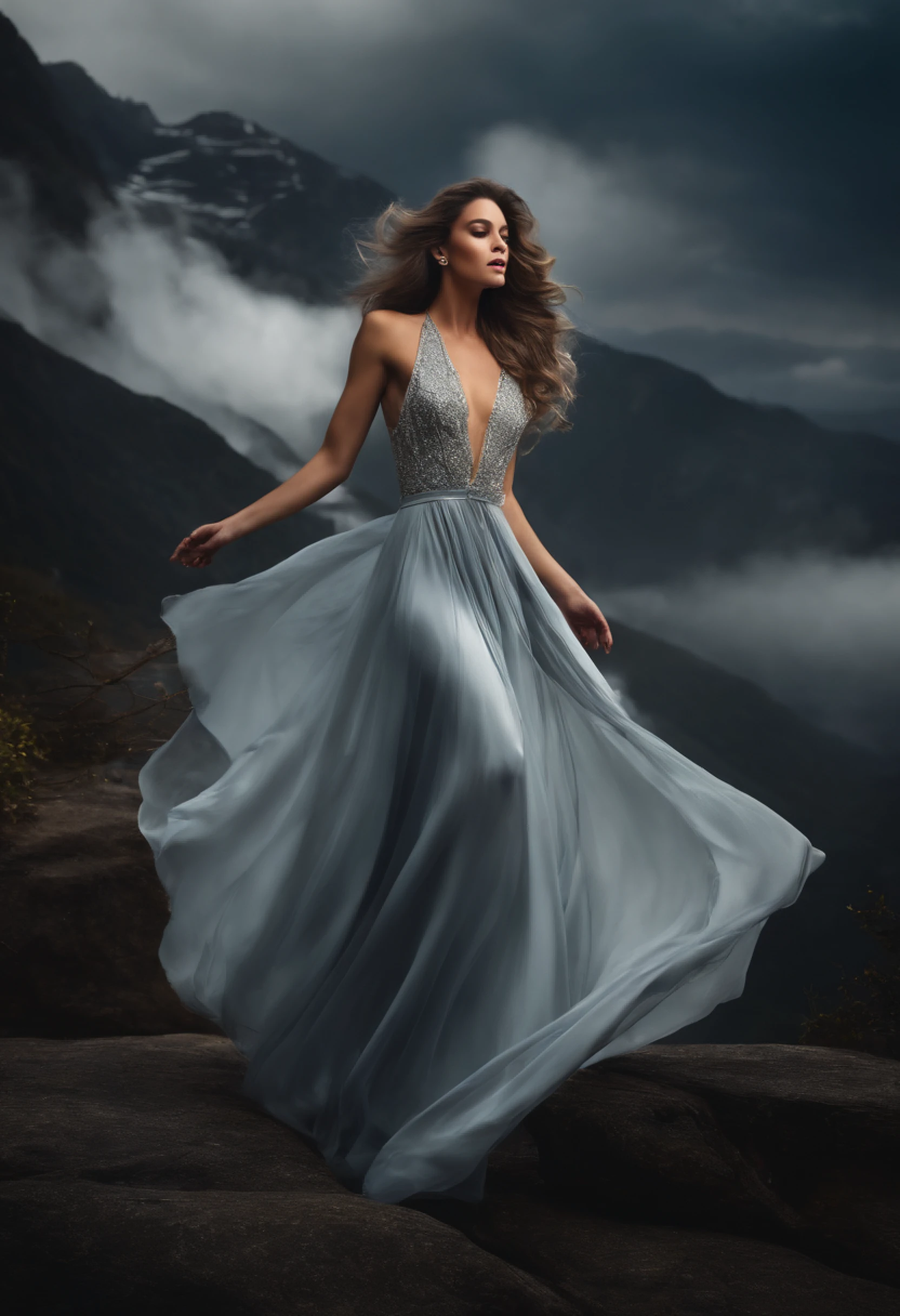 A captivating, divine being with cascading silver locks, elegantly draped in a flowing gown, gracefully gliding up in the air like magic, floating above an enraptured audience, showcasing her modeling expertise on a grand catwalk,medium full shot