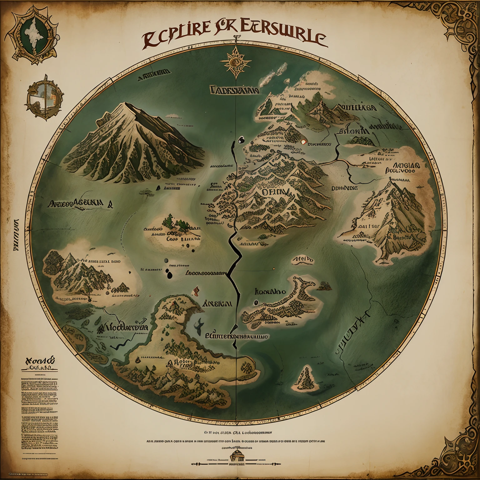 Mapa em folha, mundo, Middle-earth Tokkien World Style, varios continentes pequenos