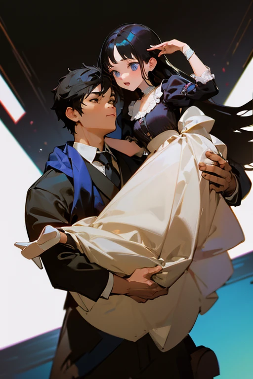 (1 girl), (1 boy), black hair, boy carrying girl, princess carry, structurally accurate, high quality, high resolution, masterpiece