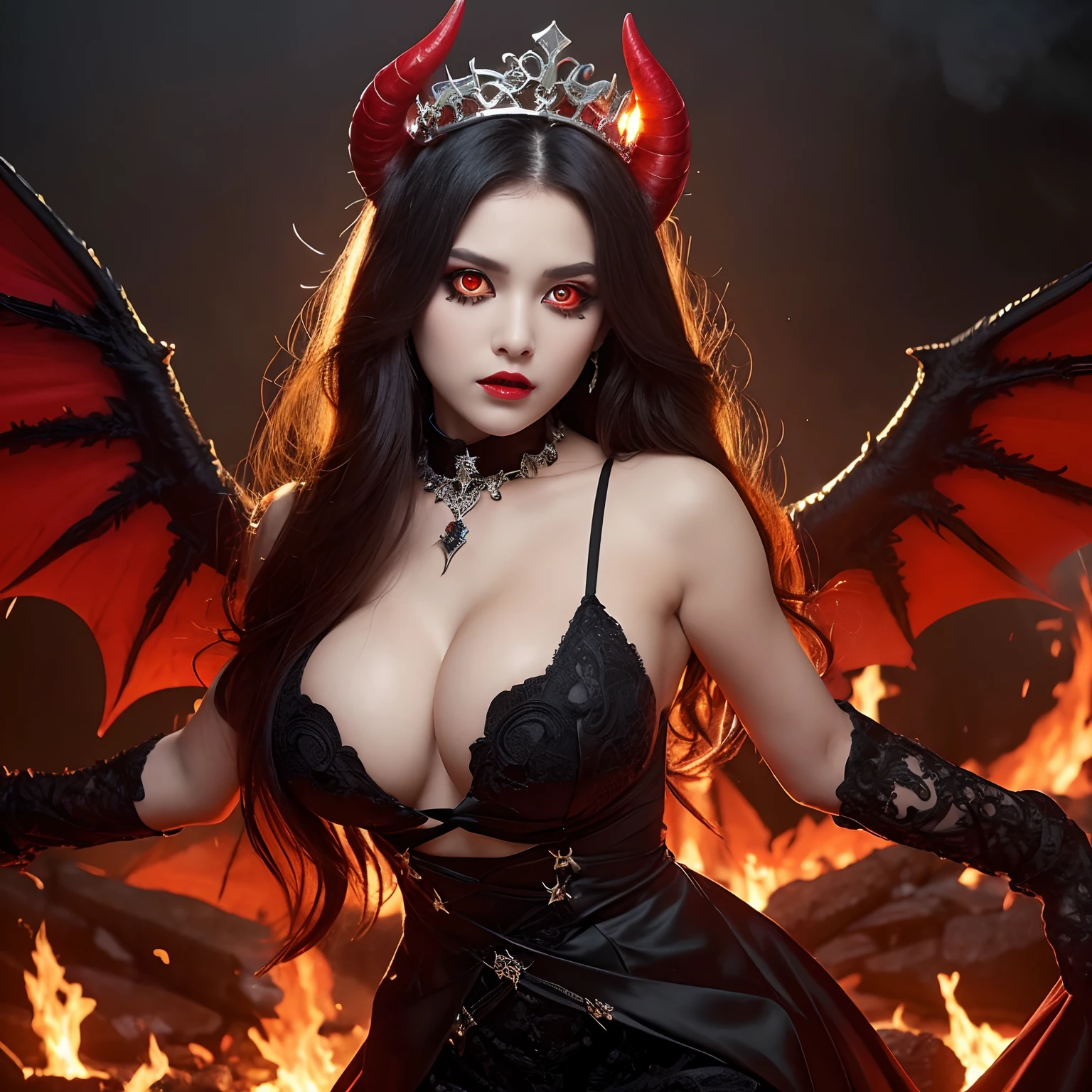Evil and beautiful queen, Medieval dresses,Japan and Spanish Half Princess,Recreate the perfect details of the most terrifying demons,from waist up,(Her glowing red eyes:1.5),(Fiery red glowing eyes:1.2),(Bright red eyes:1.2),(Her eyes glow red:1.5),Creepy and ugly demon horns grow,Intricate and realistic demon horns,Giant demon wings unimaginably terrifying,(The color of the corners is a gradation of red and black:1.3),(Horns growing from the shoulders:1.3),Burning wings,Beautiful fire-clad wings,Burning wings,(Perfectly recreate the details of the hopelessly terrifying demon:1.4)Extremely complex demon wings,Burning and shining wings,The most luxurious and huge dress,The finest gorgeous princess dresses,highly intricate dress,Giant and terrifying demon wings,Very luxurious huge dress,Blood Red Lip,facing front,Perfect Demon Costume,Maniacal,The background is a medieval European castle in the Gothic style,Gorgeous dresses to the finest,The background is the interior of a complex castle,Detailed backgrounds,Flames burning in the background,The background is a Gothic hall,Perfect gas chamber,Devil decoration,Devil black dress with intricate decorations,Intricate tiara,Dresses in black tones, large full breasts,Evil decoration, Chest that seems to burst,ruby decoration, Artistic Design Choker, Evil pattern decoration, ,Shining crown, Finest necklaces, artistic décor, Princess Dresses, Dresses with lots of jewelry, Chest that seems to burst,Dresses with a narrow waist,A dress that tightens the waist,A detailed face, Highest Quality, 8K, SLR Camera Photography,Award-Winning Works,Six-pointed star curse seal on the chest