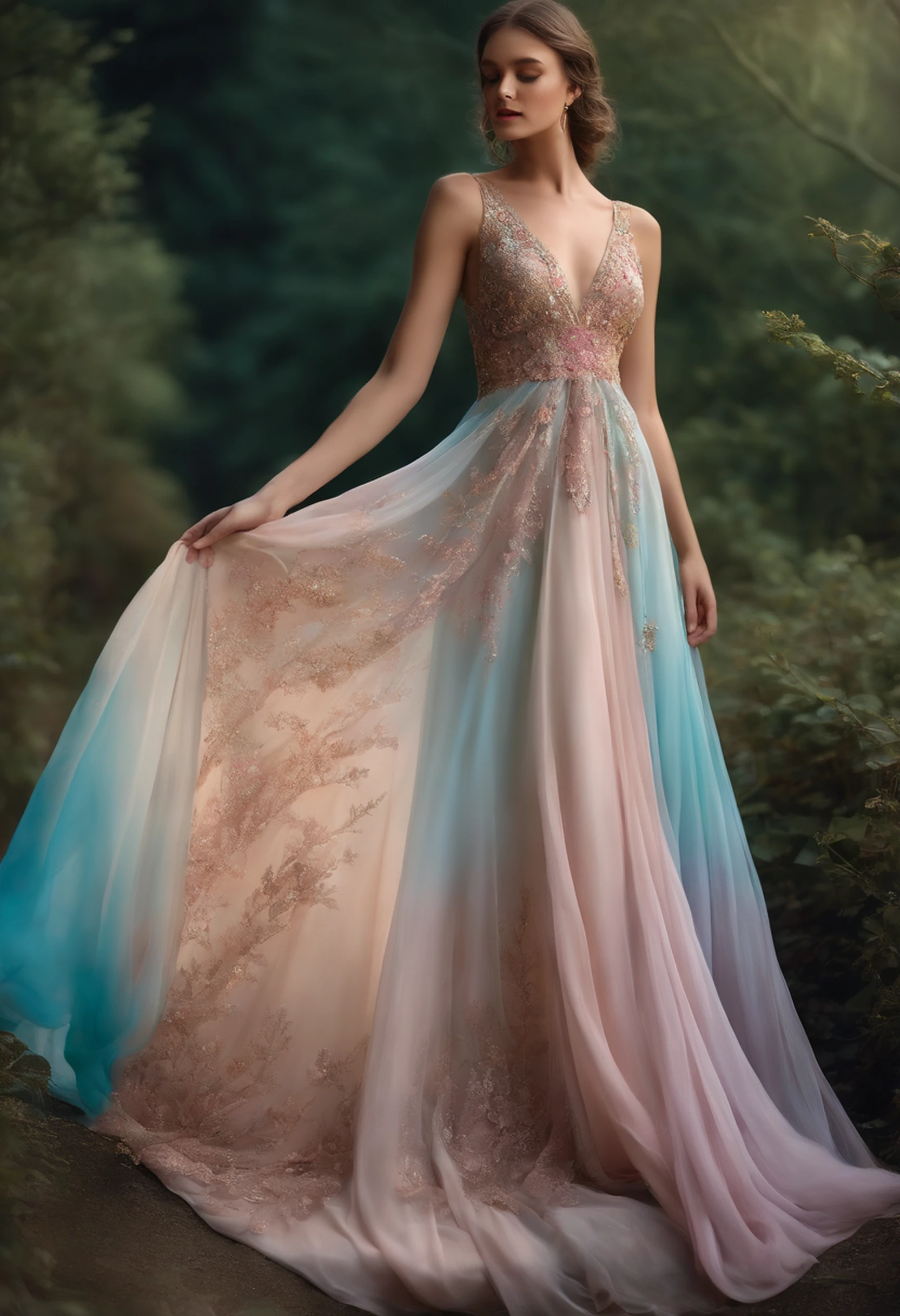 flowing gown, ethereal dress, floor-length, elegant
hand-painted silk, luxurious fabric, flowing chiffon, delicate lace
subtle embroidery, intricate beadwork, shimmering sequins
vibrant colors, pastel tones, gradient shades
soft lighting, gentle backlighting, dreamy atmosphere