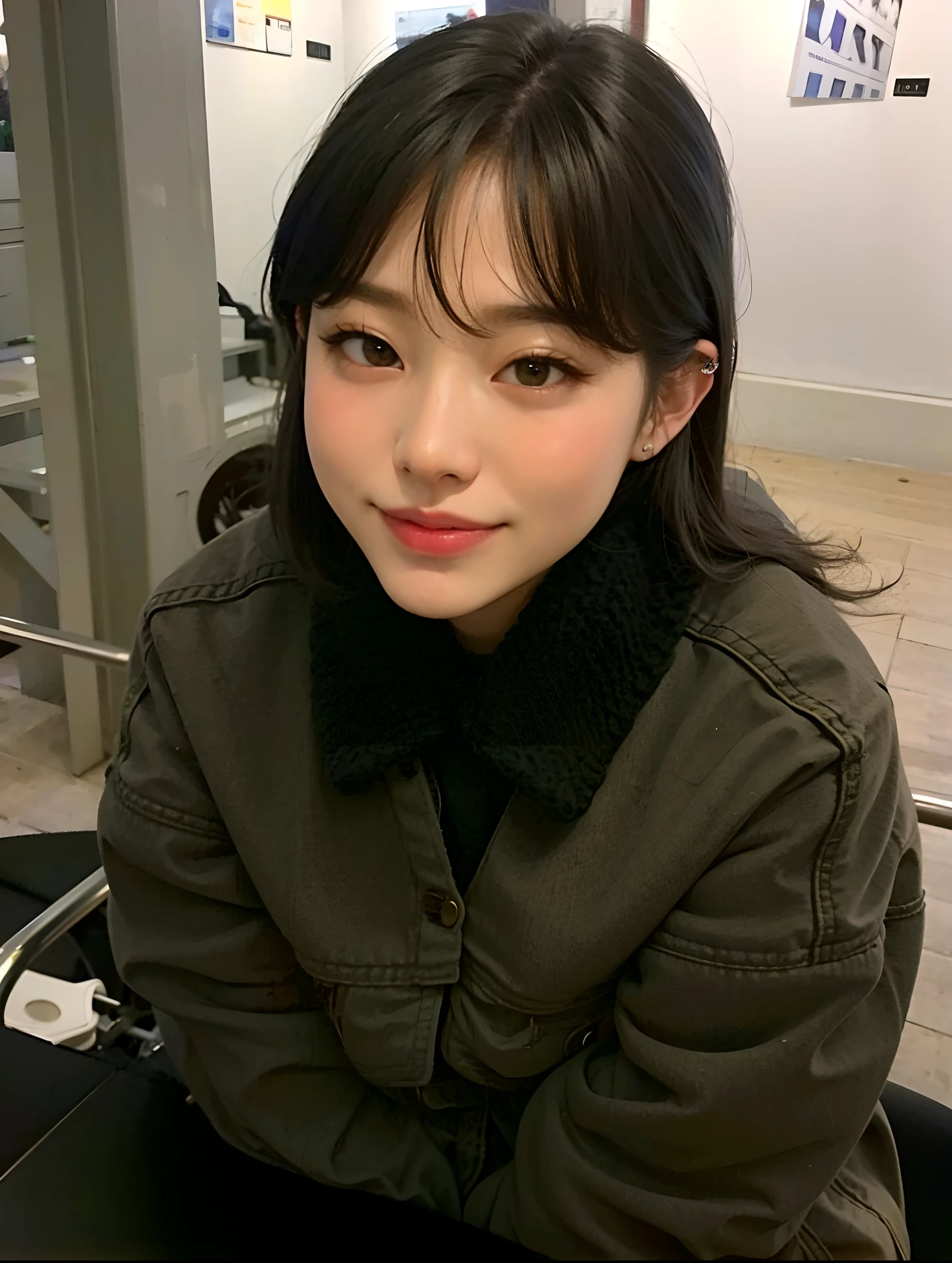 mulher arafed sentada em uma cadeira com uma jaqueta preta em, wan adorable korean face, Ulzzang, Jaeyeon Nam, Atriz coreana bonito, Kim Doyoung, young adorable korean face, menina coreana, Lee Ji-eun, Lee Ji - Eun, Jinyoung Canela, Heonhwa Choe, Dom Yunjoo, Ela tem cabelo preto com franja