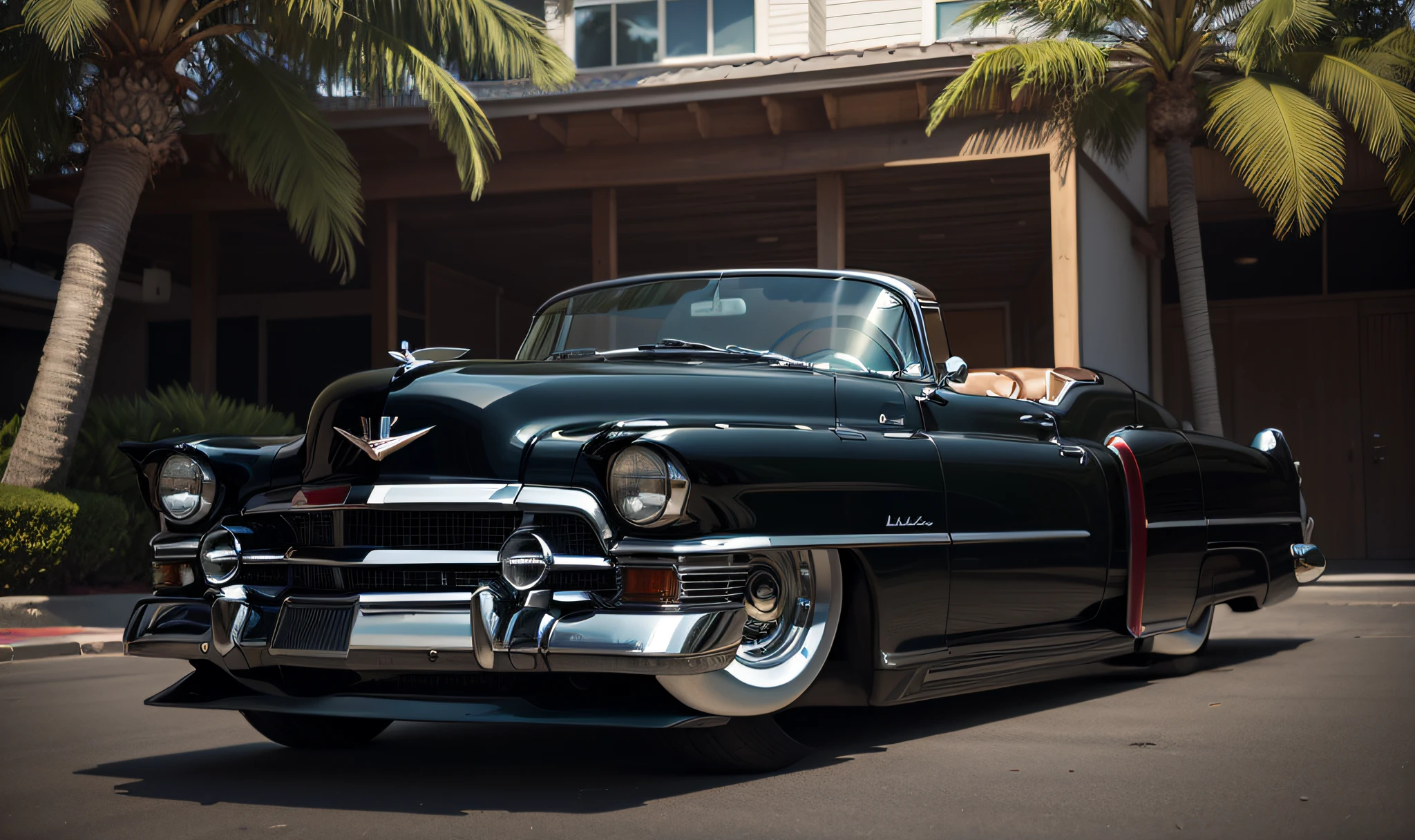 Hiper modificado Black Cadillac 1954 Show Car, enormes rodas BBS, Ridiculously low posture parked near palm trees and beautiful mansions in sunny California