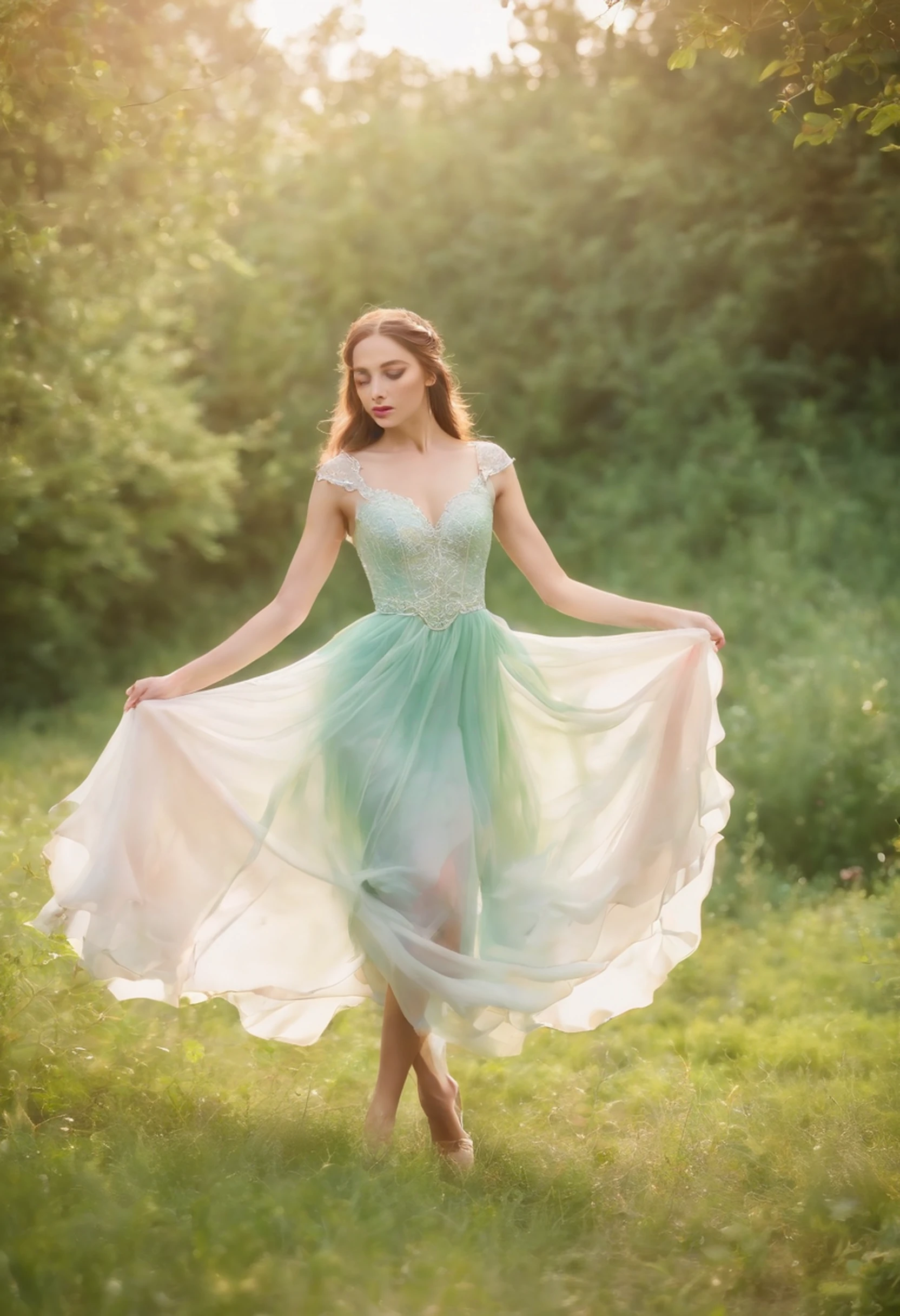 (Exquisite watercolor style)The wonderland of elf princesses,Charming and colorful environment,Colorful flowers,Green grass,Soft sunlight shines on her slender figure,Wearing a gorgeous dress,Pair it with sparkling gemstone jewelry,She floats gracefully in the air,The eyes reveal wisdom and innocence。