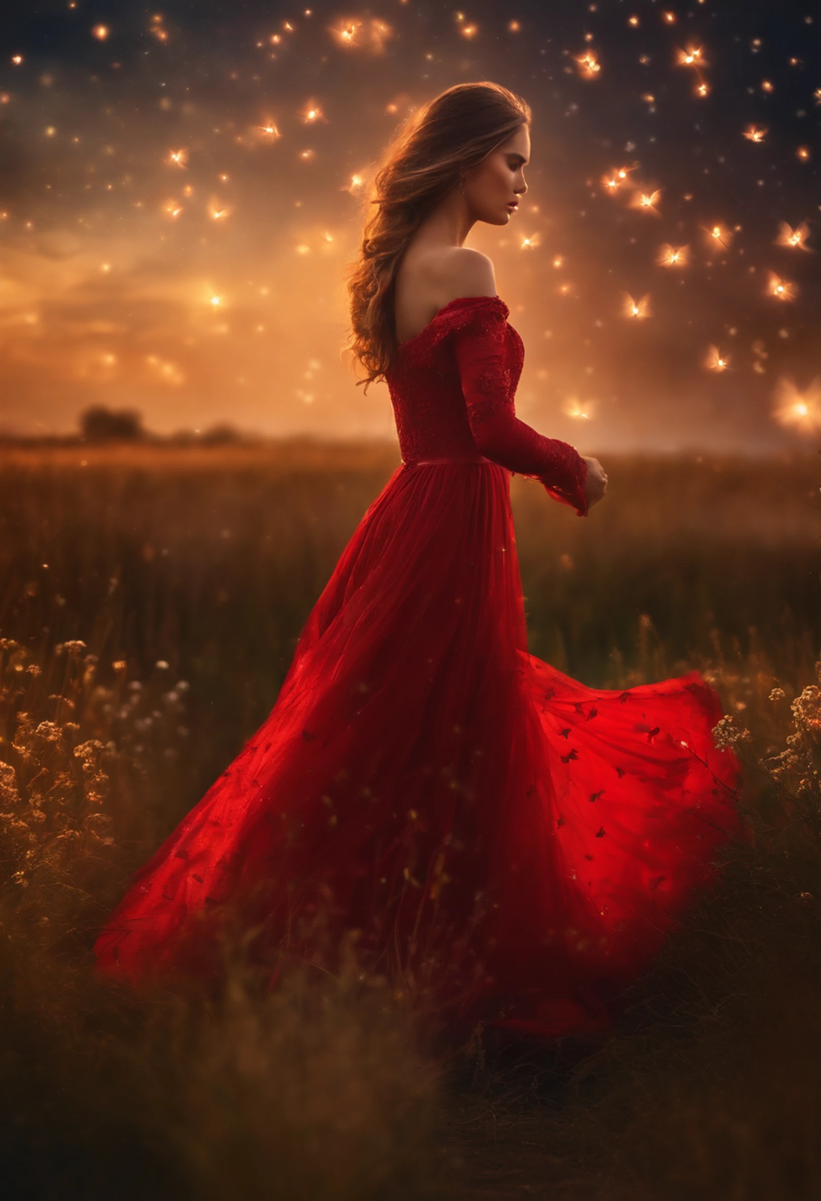 portrait of a girl in the red very long dress is dancing in a field with glowing flowers, stars, butterflies, grass realism, beautiful lighting, magic, fantasy of silver time, photograph, night time .