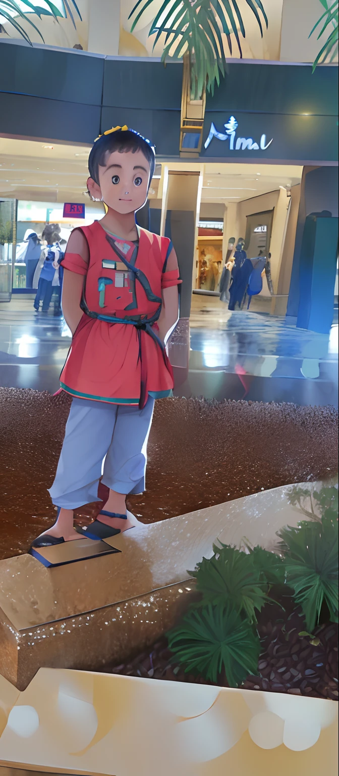 Arafed boy standing on a ledge in a shopping mall with a palm tree, em um shopping, em um shopping, aparecer em um shopping center, Alex, Reyyan, imagem de qualidade muito baixa, inspirado em Abidin Dino, in magnificent shopping mall, imagem desfocada, com vestimenta fashion, full body photogenic shot, standing in a city center