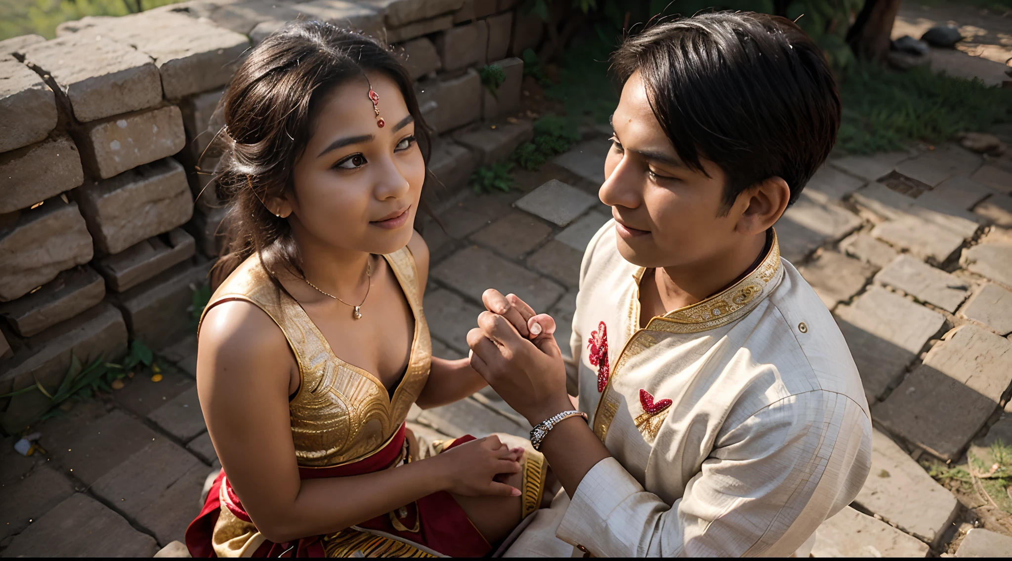 A young Nepali boy, dressed in traditional attire, nervously bends down on one knee to propose to the love of his life. The ring in his hand sparkles in the sunlight, as he looks up at the surprised girl with hopeful eyes.