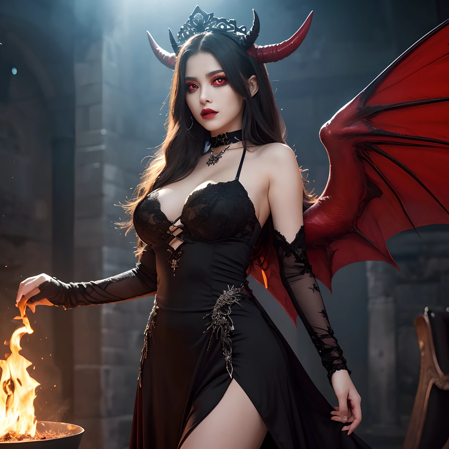 Evil and beautiful queen, Medieval dresses,Japan and Spanish Half Princess,Recreate the perfect details of the most terrifying demons,from waist up,(Her glowing red eyes:1.5),(Fiery red glowing eyes:1.2),(Bright red eyes:1.2),(Her eyes glow red:1.5),Creepy and ugly demon horns grow,Intricate and realistic demon horns,Giant demon wings unimaginably terrifying,(The color of the corners is a gradation of red and black:1.3),(Horns growing from the shoulders:1.3),Burning wings,Beautiful fire-clad wings,(Perfectly recreate the details of the hopelessly terrifying demon:1.4)Extremely complex demon wings,Burning and shining wings,The most luxurious and huge dress,The finest gorgeous princess dresses,highly intricate dress,Giant and terrifying demon wings,Very luxurious huge dress,Blood Red Lip,facing front,Perfect Demon Costume,Maniacal,The background is a medieval European castle in the Gothic style,The background is the interior of a complex castle,Detailed backgrounds,Flames burning in the background,The background is a Gothic hall,Perfect gas chamber,Devil decoration,Devil black dress with intricate decorations,Intricate tiara,Dresses in black tones, large full breasts,Evil decoration, Chest that seems to burst,ruby decoration, Artistic Design Choker, Evil pattern decoration, ,Shining crown, Finest necklaces, artistic décor, Princess Dresses, Dresses with lots of jewelry, Chest that seems to burst,Dresses with a narrow waist,A dress that tightens the waist,A detailed face, Highest Quality, 8K, SLR Camera Photography,Award-Winning Works