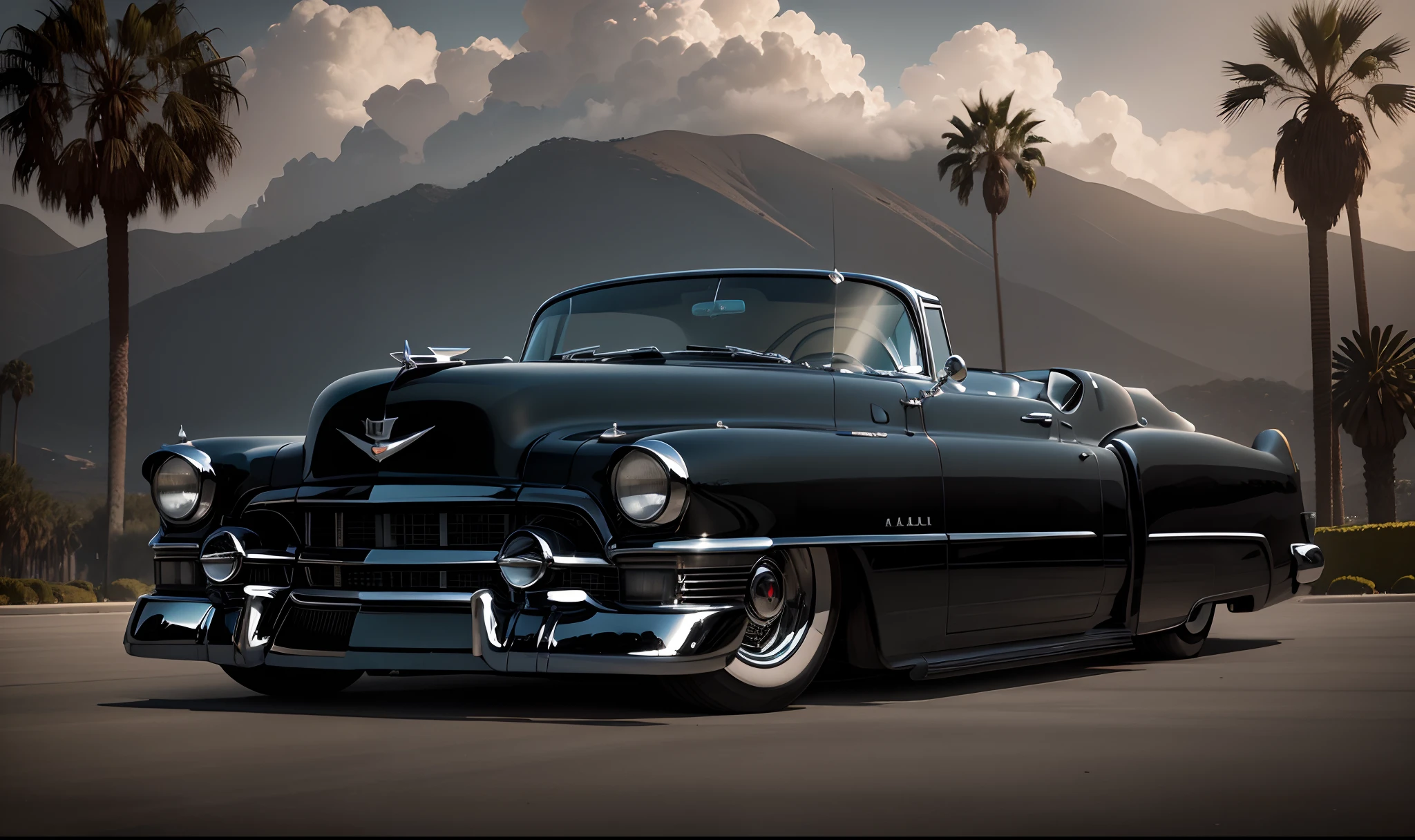 Arafed black classic car parked in front of a mountain - SeaArt AI