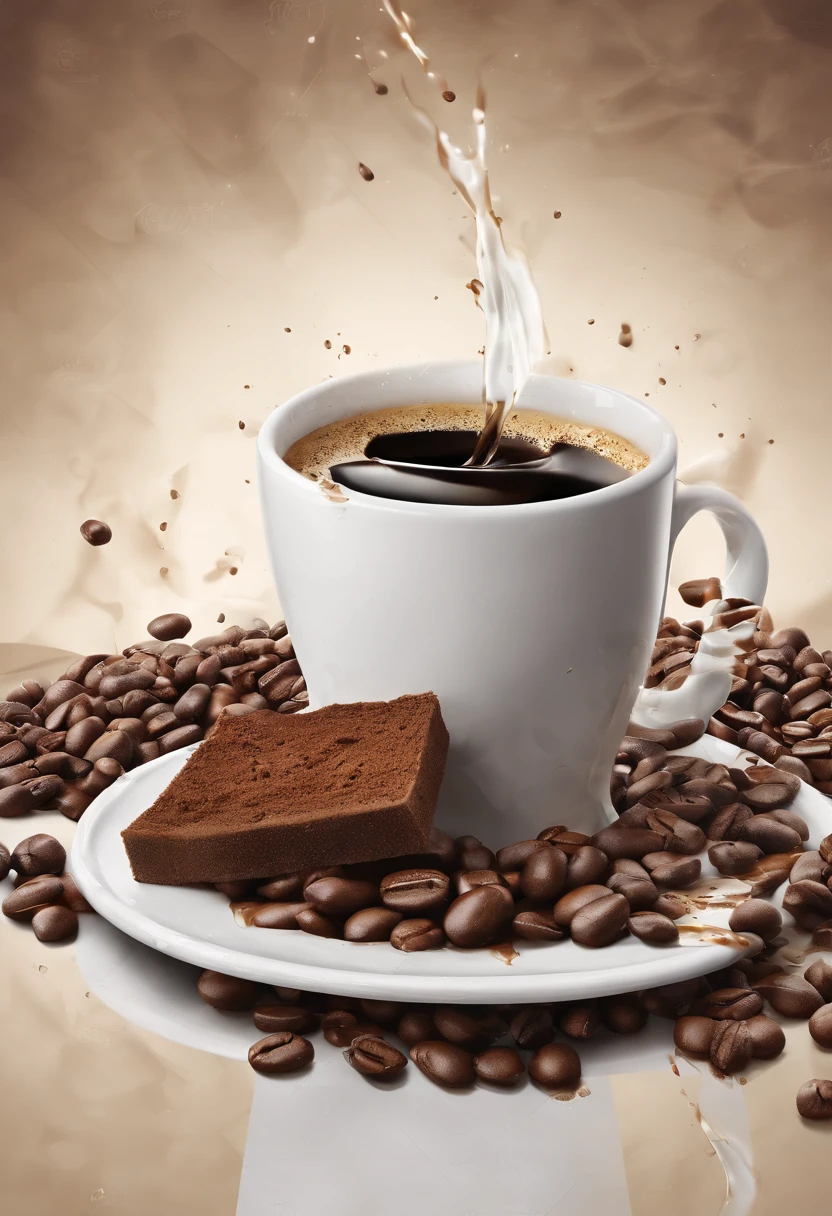 Create an ad, the theme is coffee with chocolate in a white cup, in the background splash of coffee liquid, coffee beans around, breads and sugar in the composition, ultra realism, intricate details, advertising poster, photo realism, 8k