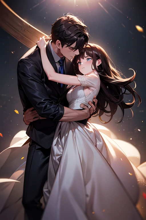 (1 girl), (1 boy), dark hair, man carrying a woman in a princess carry, cinematic lighting, precise posing, high quality, high resolution, masterpiece