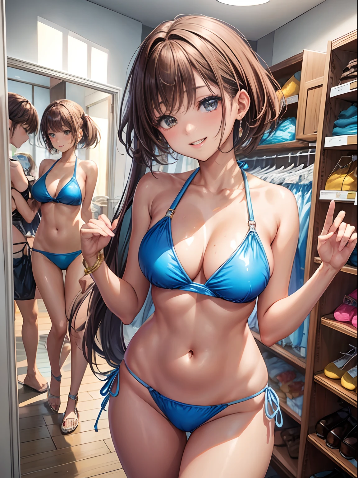 top-quality、Full limbs、complete fingers、Slender beauty、straight haired、short-hair、brown haired、Beautiful Large Breasts、(Detailed ultra-oily shiny skin:1.1)、oily shiny thighhigh、Beautiful sister、(Swimwear section、There are a lot of swimsuits for sale、fitting room)、Light blue bikini、Embarrassing、A big smile、date、shopping、Looks good?I'm hearing