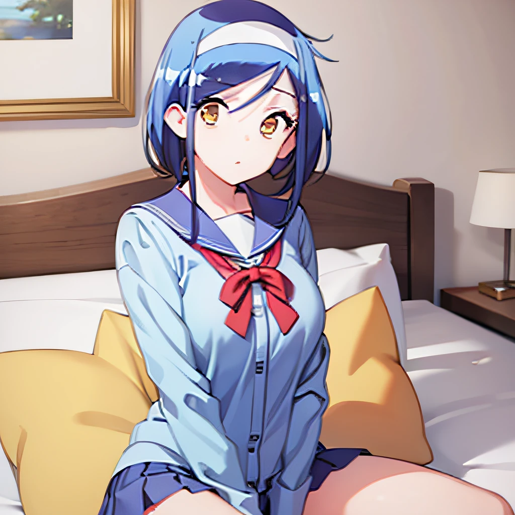 ((masterpiece)), ((best quality)), (ultra-detailed), on the bed, a cute girl, 1girl, solo, sailor suit, ((beautiful eyes)), short hair, large breast