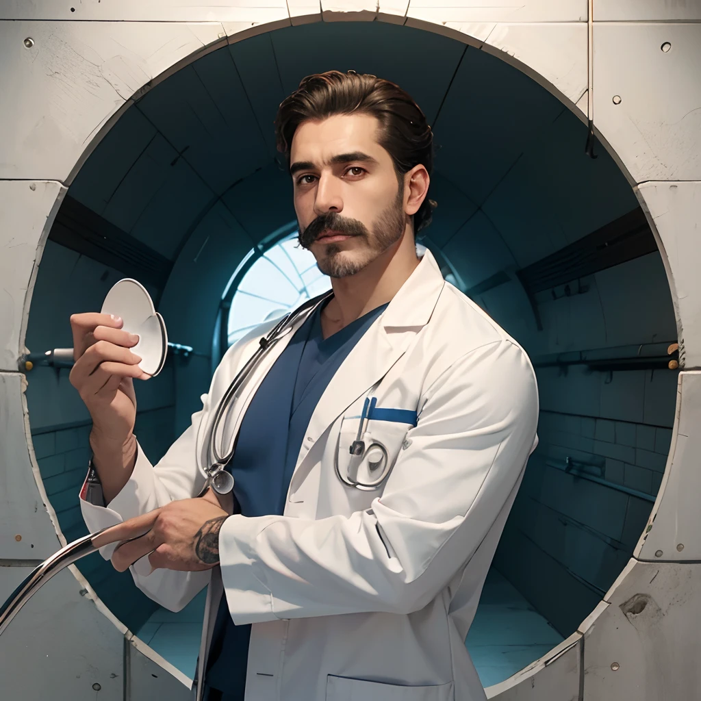 Jovemjovem Medical, careca, barba e bigode, usando jaleco branco, stethoscope, Brave a medical tunnel, careca, barba e bigode, usando jaleco branco, stethoscope, Facing a tunnel