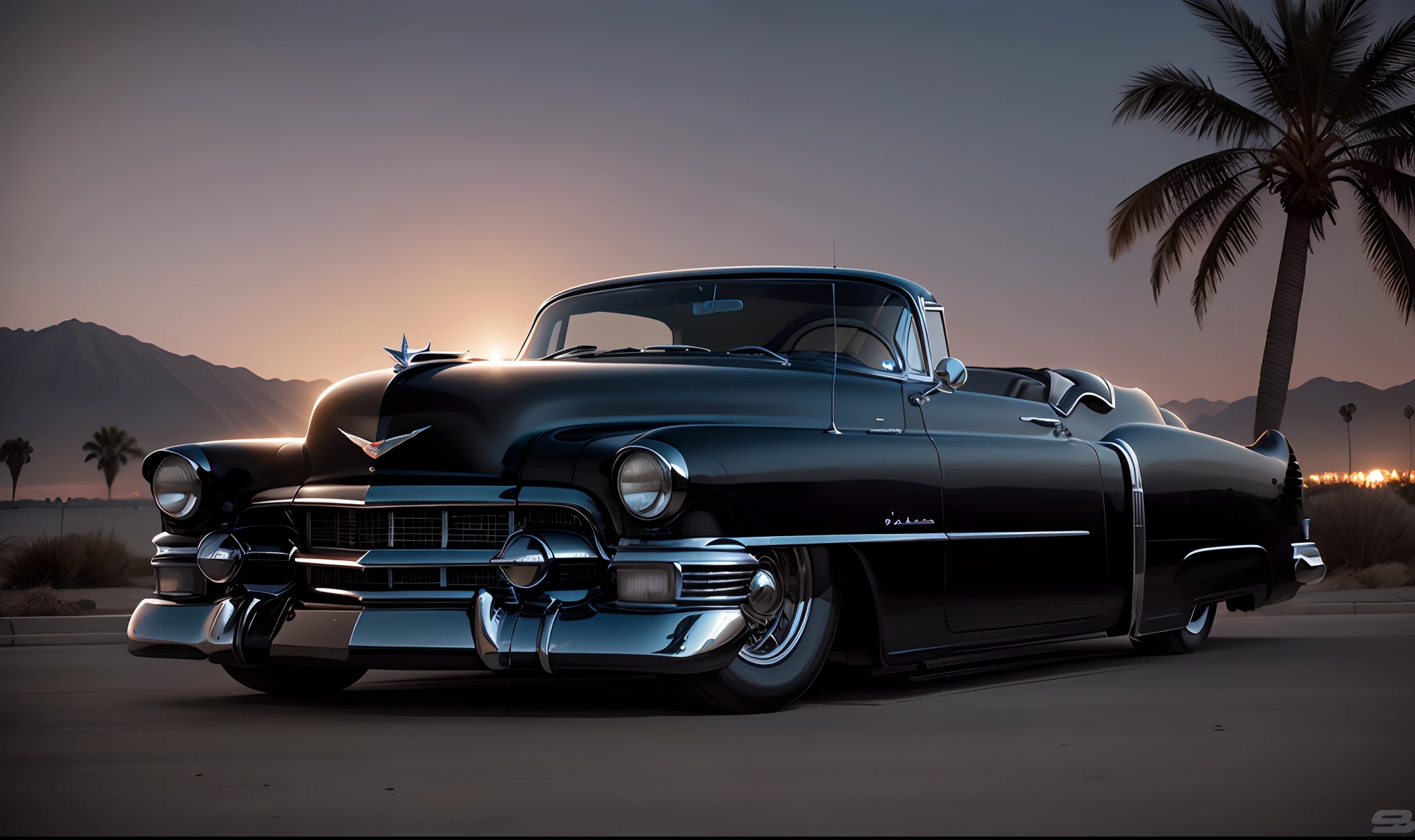 Hiper modificado Black Cadillac 1954 Show Car, enormes rodas BBS, Ridiculously low posture parked near palm trees and beautiful mansions in sunny California