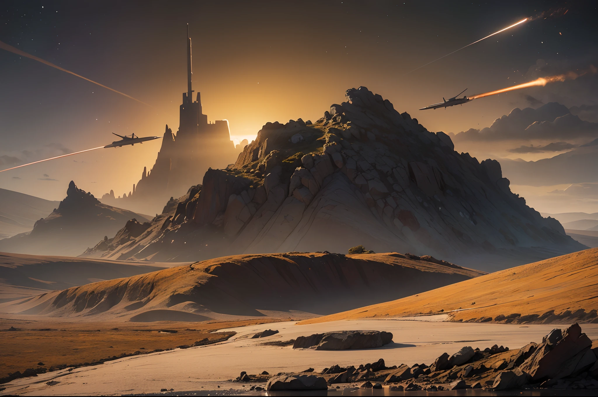 Missiles hitting impacting a base in Titan, lake of ochre liquid with ice rocks in it, low hills in an ochre landscape, distant ice rocks, foggy beige atmosphere, Saturn planet with visible rings in the sky. Highly detailed.