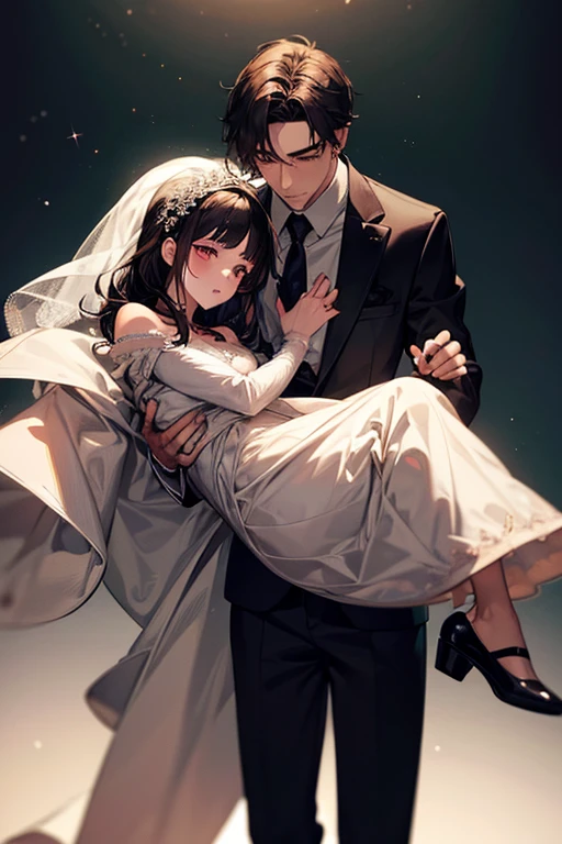(1 girl), (1 boy), dark hair, man carrying a woman in a princess carry, cinematic lighting, precise posing, high quality, high resolution, masterpiece