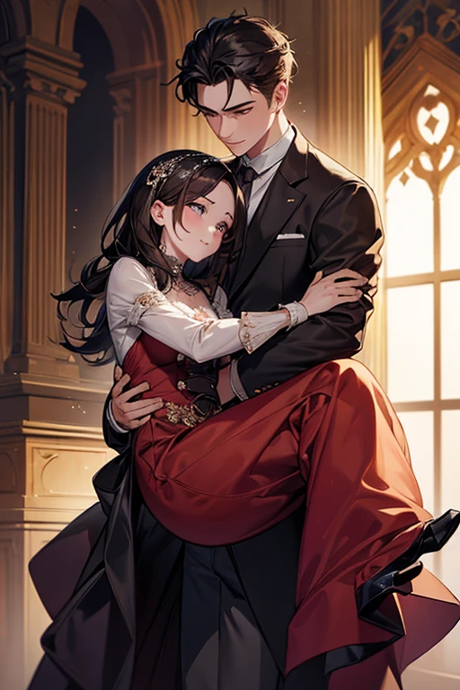 (1 girl), (1 boy), dark hair, man carrying a woman in a princess carry, cinematic lighting, precise posing, high quality, high resolution, masterpiece