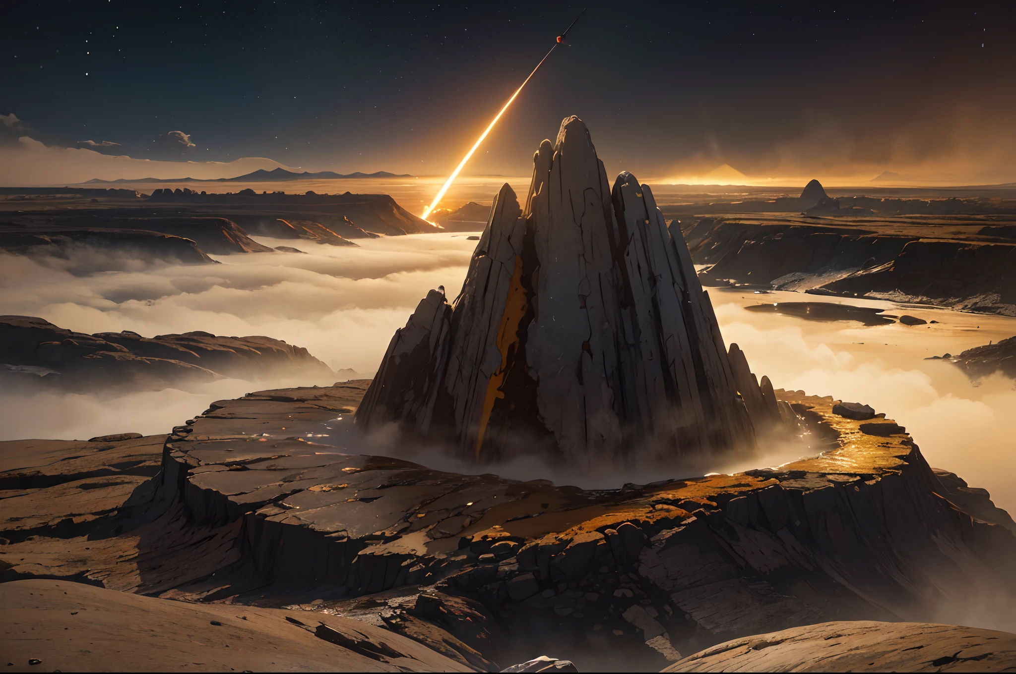 Missiles hitting impacting a base in Titan, lake of ochre liquid with ice rocks in it, low hills in an ochre landscape, distant ice rocks, foggy beige atmosphere, Saturn planet with visible rings in the sky. Highly detailed.