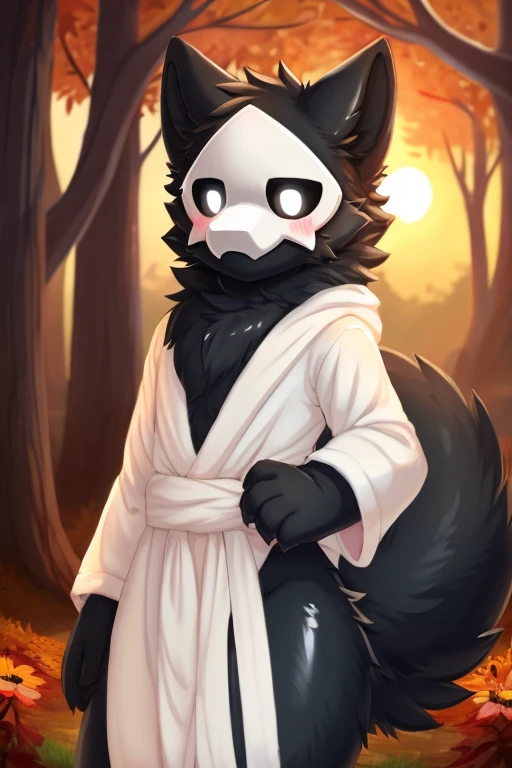 by chano, by cheesefries, by sanu, puro, (solo), anthro, male, slime boy, goo creature, black body, black fur, monotone fur, monotone body, white mask, black sclera, white eyes, black slime, glistening body, wolf ears, wolf tail, (huge fluffy tail), snout, thin, girly, femboy, bottom heavy, wide hips, thick thighs, white robe, flower crown, happy, blush, fluffy fur, fluffy tail, fluffy, standing, facing viewer, looking at viewer, detailed background, outdoors, forest, sacred grove, warm lighting, soft lighting, vignette, romantic ambiance, holding flower, dusk, sunset, crepuscular rays, autumn