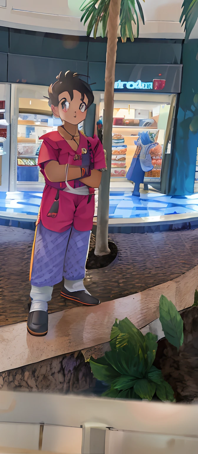 Arafed boy standing on a ledge in a shopping mall with a palm tree, em um shopping, em um shopping, aparecer em um shopping center, Alex, Reyyan, imagem de qualidade muito alta, inspirado em Abidin Dino, in magnificent shopping mall, imagem desfocada, com vestimenta fashion, full body photogenic shot, standing in a city center