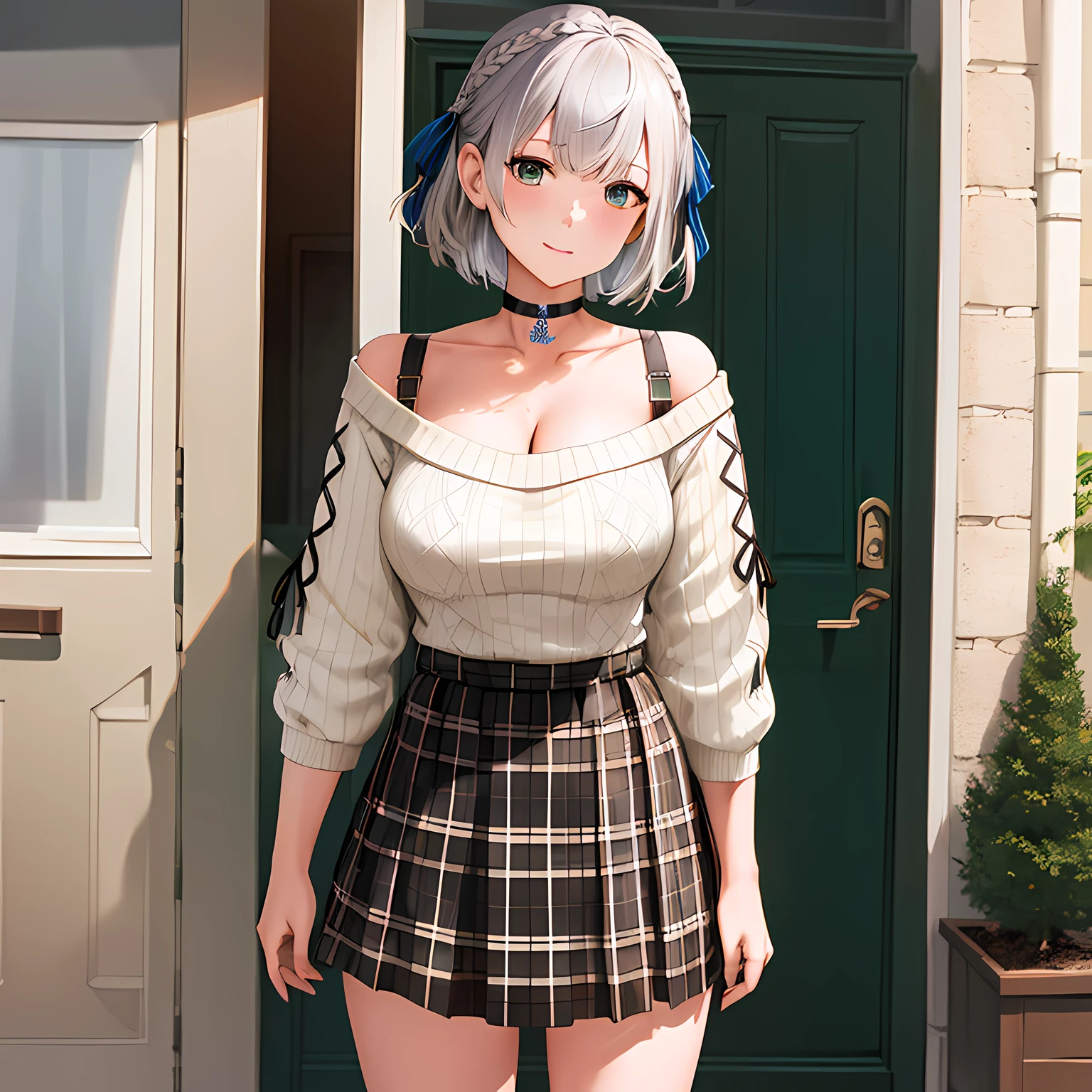 masterpiece, best quality, highres, ccnoel, short hair, french braid, hair ribbon, black choker, collarbone, cleavage, off-shoulder sweater, white sweater, plaid skirt, street, cowboy shot, standing,