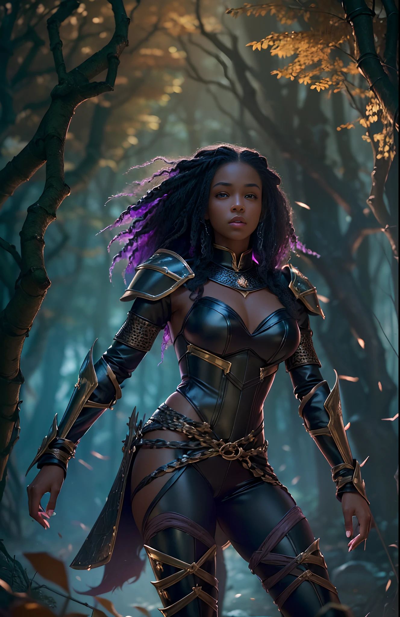 Warrior (woman) with brown skin, brown and curly hair with a black armor and black pants and purple eyes (full body) with a katana