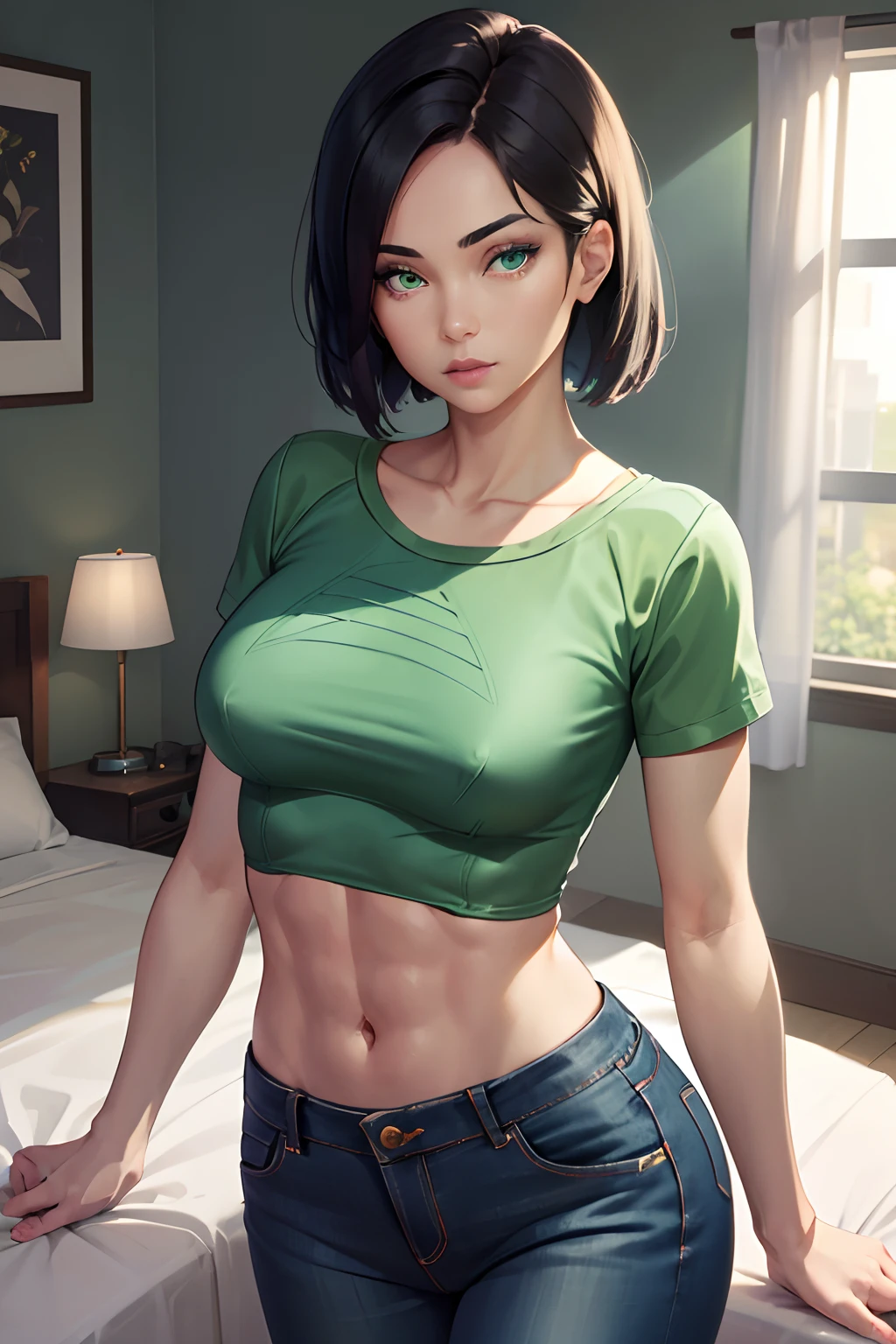 (best quality, masterpiece:1.2), 1 girl, valorantViper, vibrant green eyes, mesmerizing glowing eyes, petite figure, [toned abs:0.4], casual t-shirt, confidently showing off her abs, comfortable jeans, cozy bedroom, alluring gaze at the viewer.