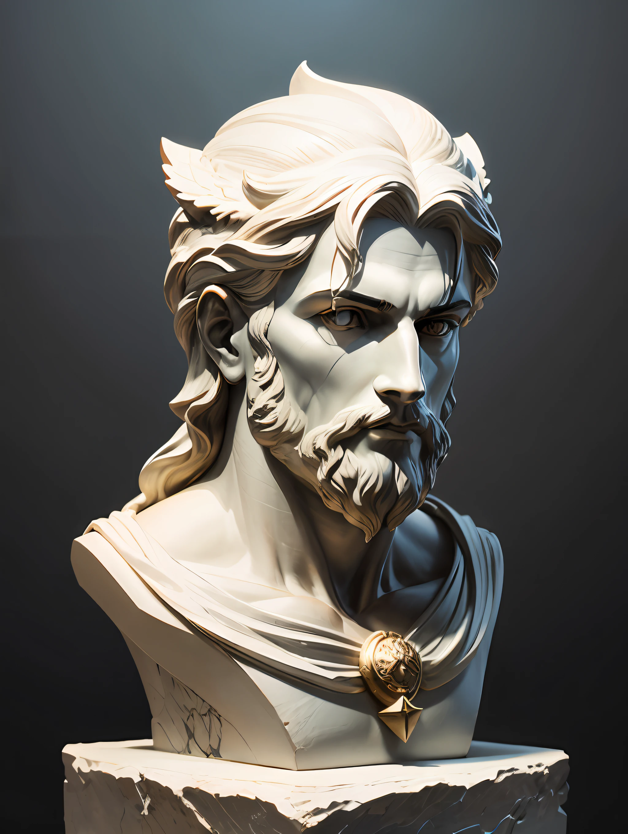 Statue of the Greek God Zeus, parte superior de perfil, arte ultra realista com tons darks e background dark --auto