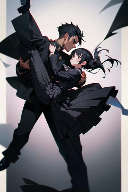 (1 girl), (1 boy), black hair, man carrying woman in a princess carry, (man in black gakuran and black slacks), (woman in black sailor dress and black pleated skirt), cool guy, pretty girl, princess carry, cinematic lighting, precise posing, high quality, high resolution, masterpiece