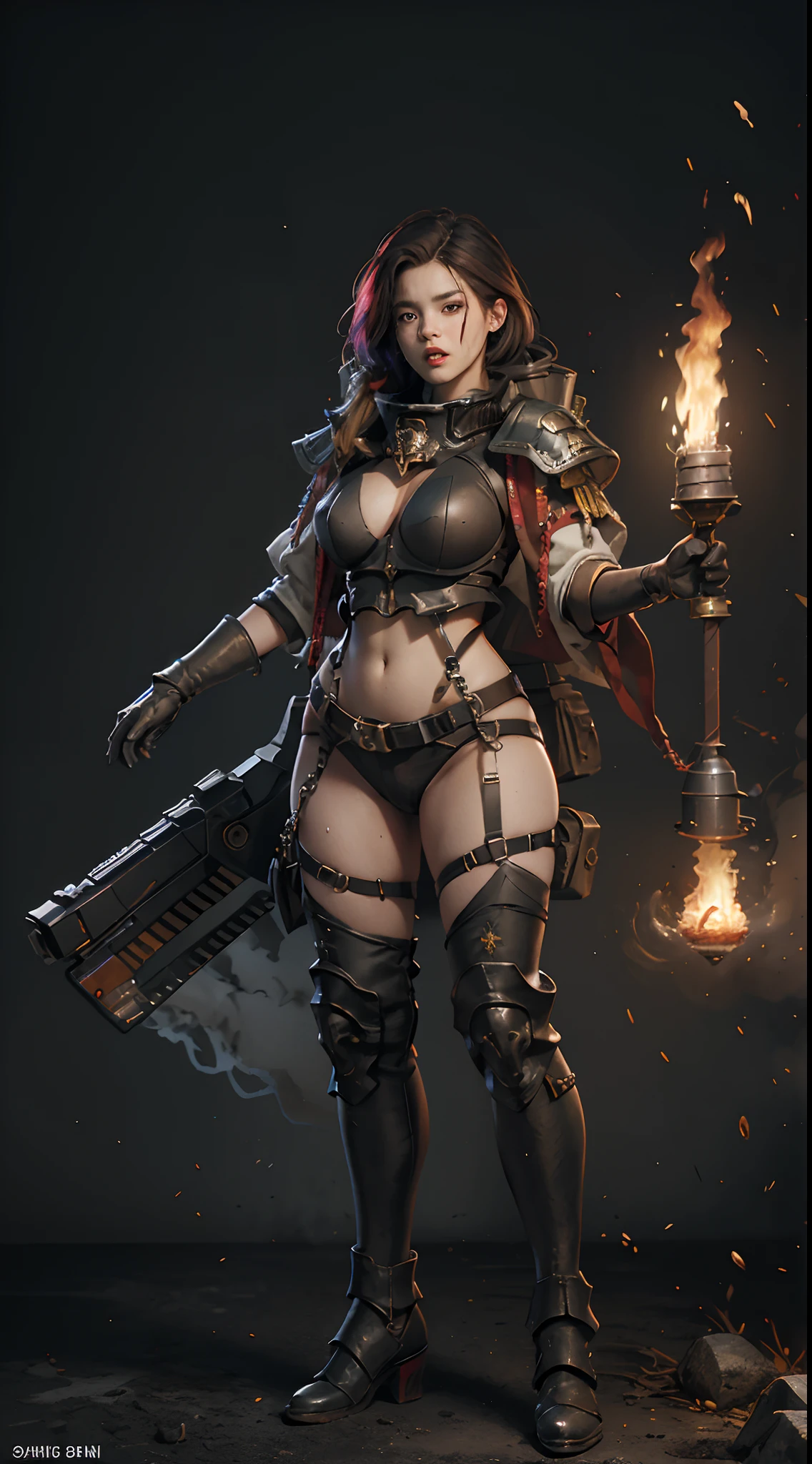 (Highest image quality, outstanding details, ultra-high resolution), 1 girl, suit((futuristic military outfit, adepta sororitas, military harness, military gears such as pouches)), (glamour body, curvy body, buffed and muscular body, tight abs, ), background(warfare background including explosion and flame), (open mouth and shout out for war cry, angry expression, aggressive expression, pointing to a direction, advancing), random hair color, full body shot,