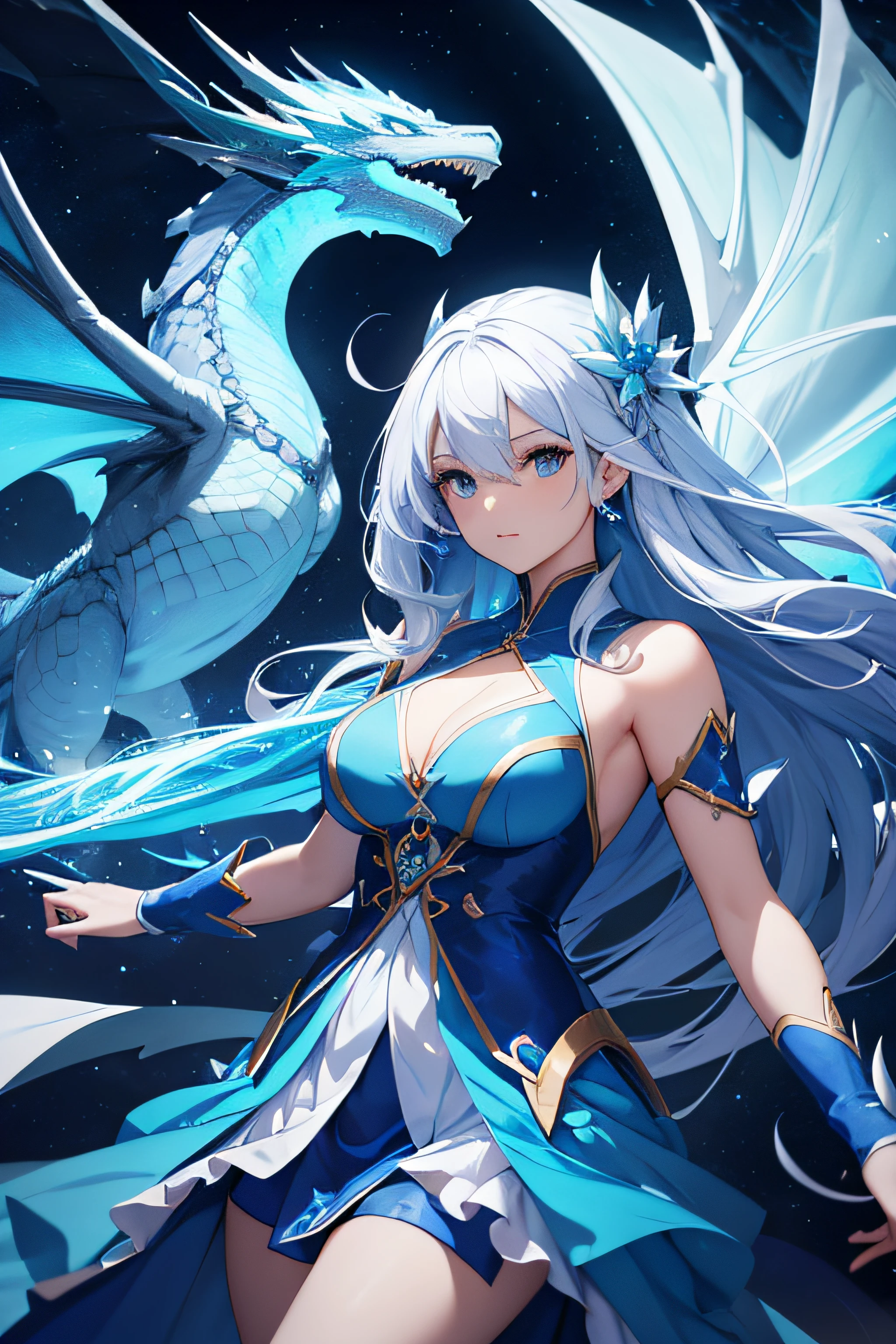 a womem with blue dress and white hair in dragon hunter style, floating in the air together with a large blue dragon, in HD, beautiful and with a powerful aura, 4k