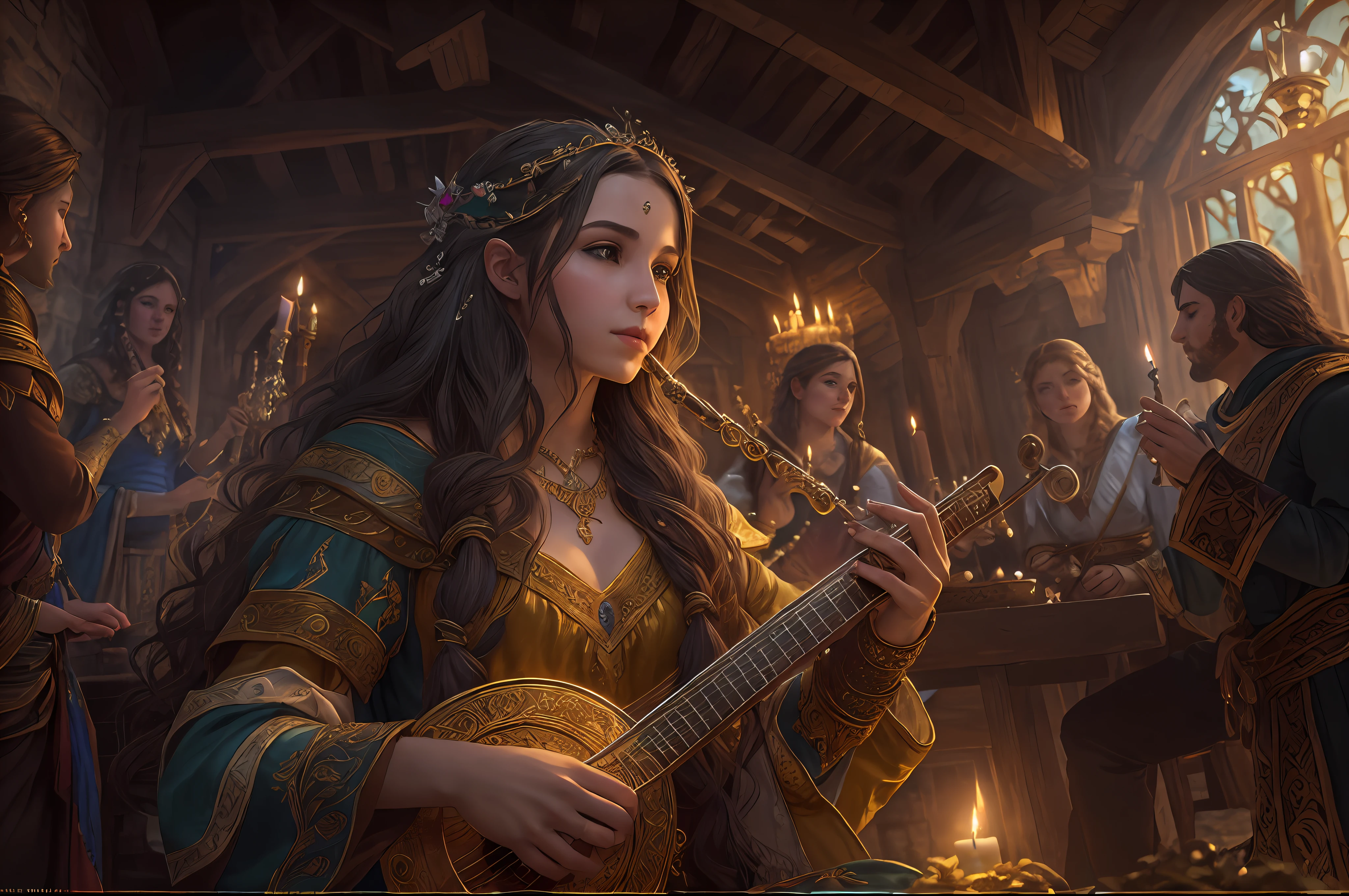 high details, best quality, 8k, [ultra detailed], masterpiece, best quality, (extremely detailed), dynamic angle, ultra wide shot, photorealistic (intricate details, Masterpiece, best quality: 1.5), fantasy art, dnd art, rpg art, realistic art, an ultra wide picture of bard playing the flute in fantasy setting tavern and enchanting the audience , full body, a human female (intense details, Masterpiece, best quality: 1.5) fantasy bard, fantasy enchanter,  playing a flute and enchanting people with magical song, colorful clothes, dynamic clothing, epic beautiful female bard (intense details, Masterpiece, best quality: 1.5), dynamic hair, long hair, wavy hair, tavern full of crowd, many people (intense details, Masterpiece, best quality: 1.5), bard playing flute and enchanting audience  (intense details, Masterpiece, best quality: 1.5), candles lights, fantasy chandelier, magical notes, magical runes in the air Rune_Magic (intense details, Masterpiece, best quality: 1.5)