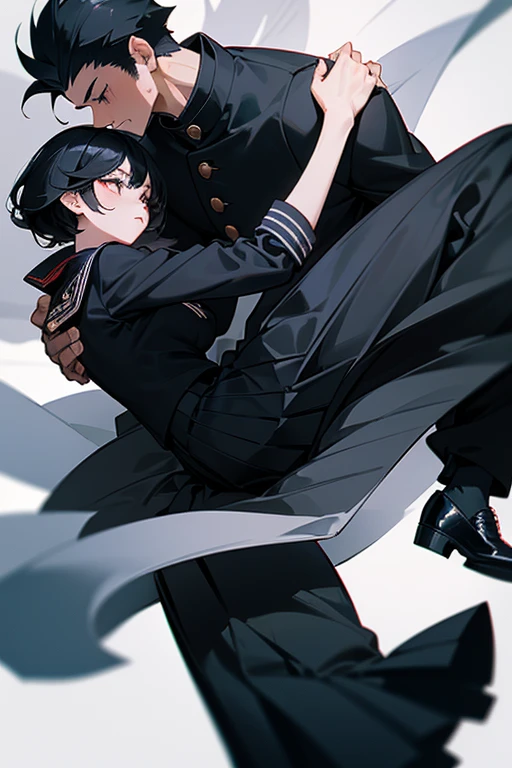 (1 girl), (1 boy), black hair, man carrying woman in a princess carry, (man in black gakuran and black slacks), (woman in black sailor dress and black pleated skirt), cool guy, pretty girl, princess carry, cinematic lighting, precise posing, high quality, high resolution, masterpiece