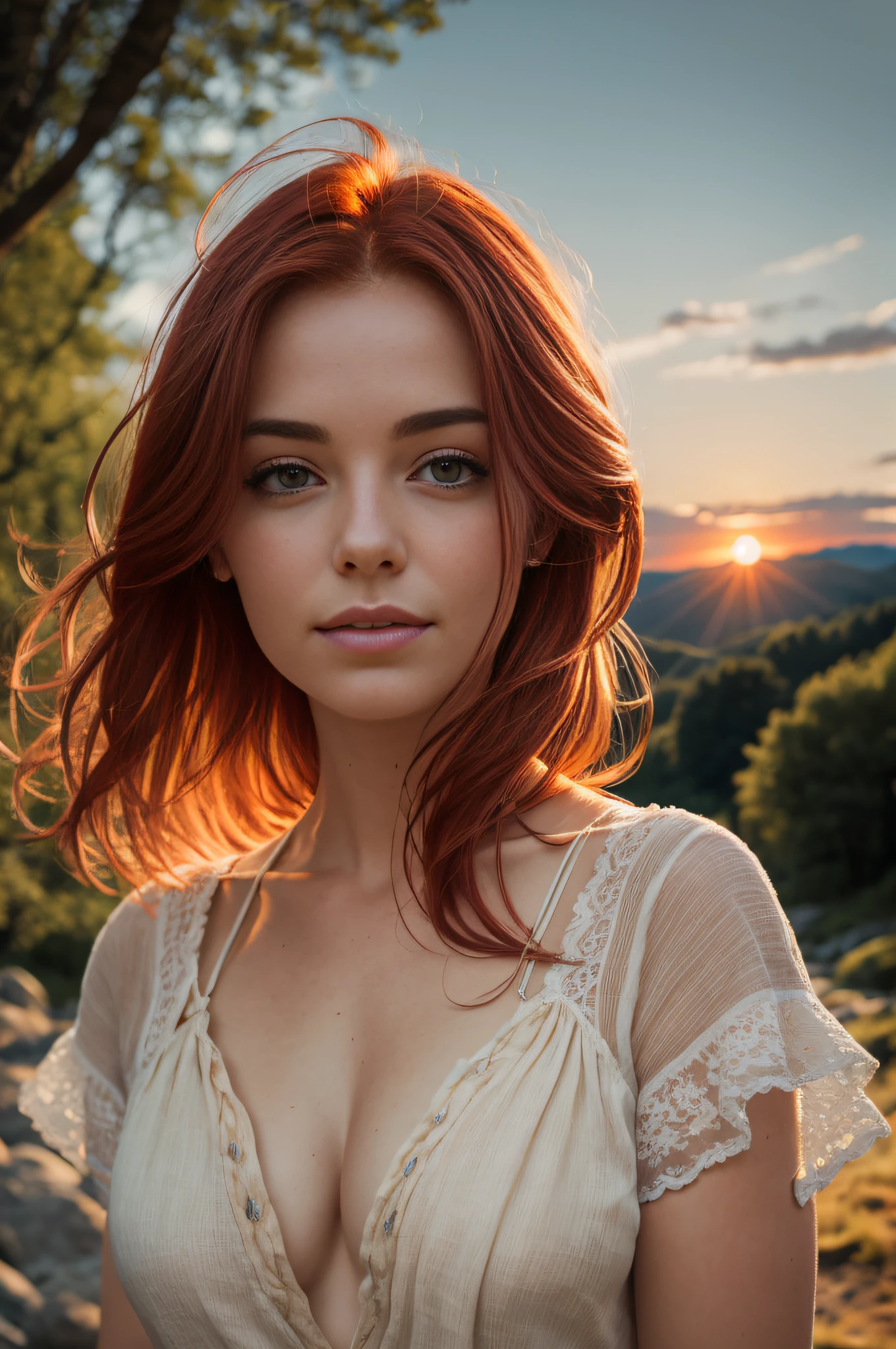 Portrait of a red-haired woman of 22 years, French, close-up chest, disjointed bustier in cream-colored linen, hands in hair, sexuality, seduction, love look, slight smile, river, rock, forest, sunset, cinematographic rendering, 32K, RAW