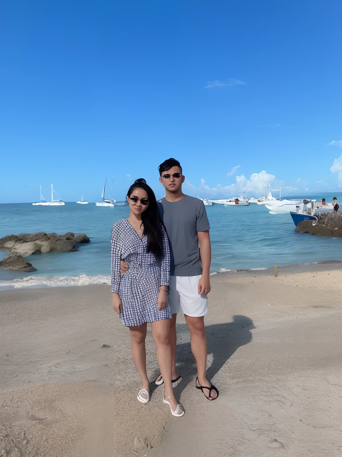 There are two people standing on the beach near the water, vacation photo, standing near the beach, standing at the beach, posando em uma praia com o oceano, O oceano ao fundo, 🤬 🤮 💕 🎀, ao lado do oceano, oceano ao fundo, Directed by: Sam Dillemans, Tyler Edlin e Natasha Tan, arte mista, tiro de comprimento de corpo inteiro
