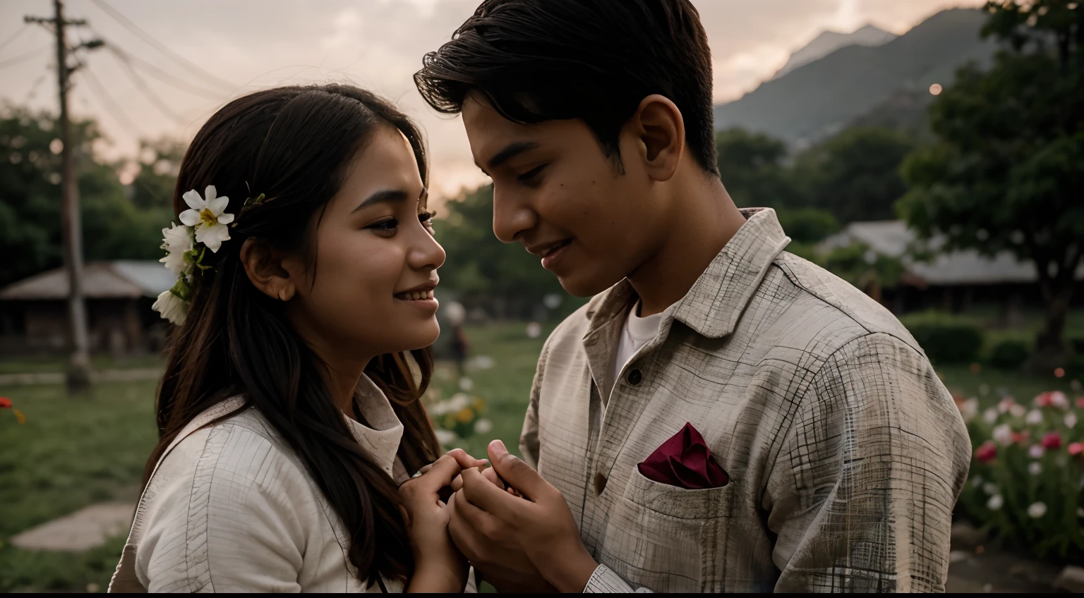 A young Nepali boy propose to a girl, romantic pose, flowers in his hand, cinematic, portrait