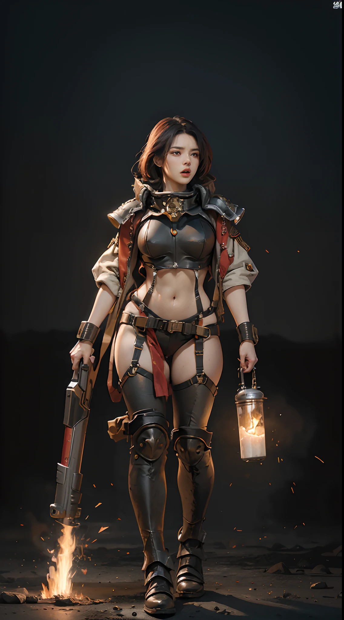 (Highest image quality, outstanding details, ultra-high resolution), 1 girl, suit((futuristic military outfit, adepta sororitas, military harness, military gears such as pouches)), (glamour body, curvy body, buffed and muscular body, tight abs, ), background(warfare background including explosion and flame), (open mouth and shout out for war cry, angry expression, aggressive expression, pointing to a direction, advancing), random hair color, full body shot,