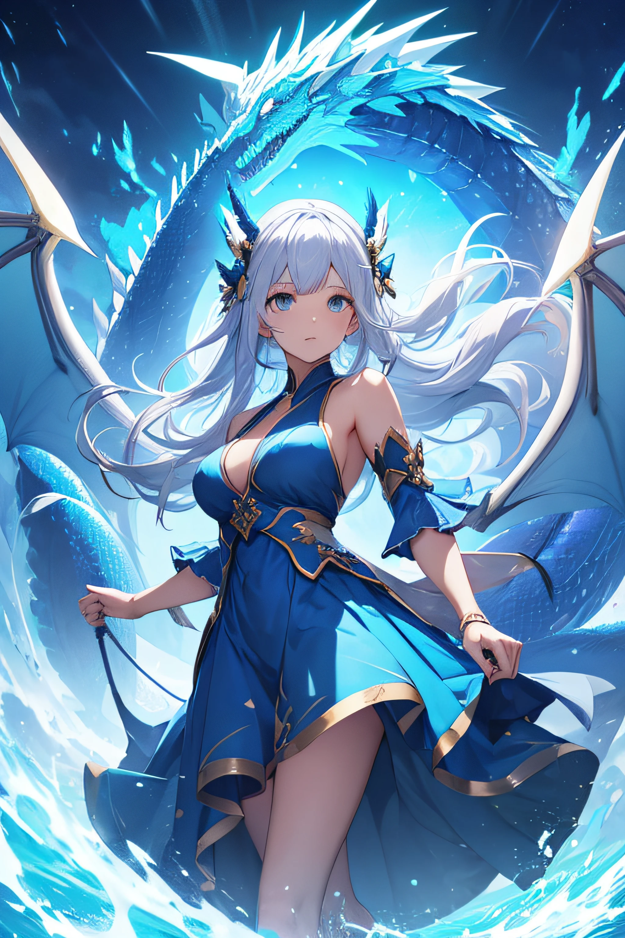 a girl with blue dress and white hair in dragon hunter style, floating in the air together with a large blue dragon, in HD, beautiful and with a powerful aura, 4k