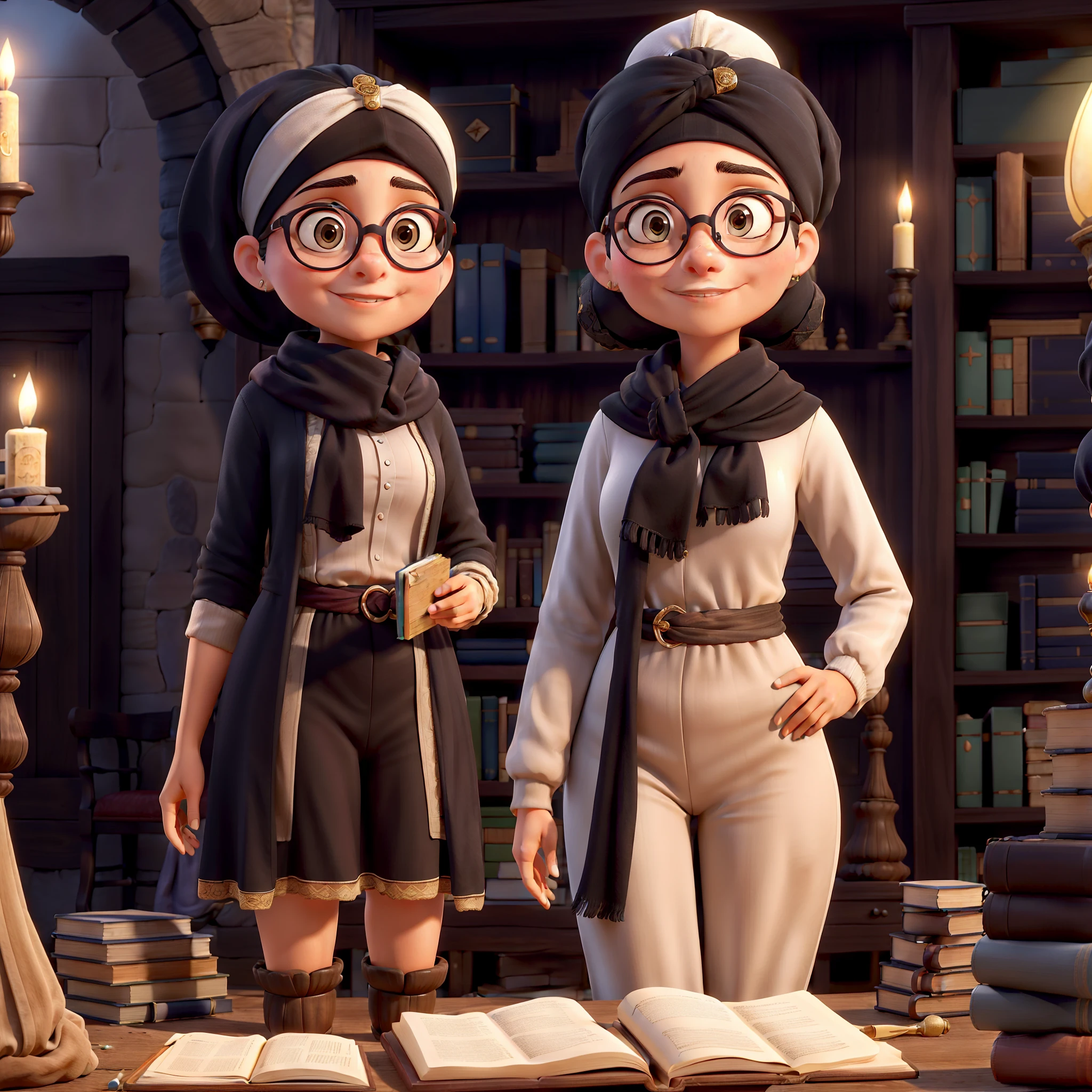 Obra-prima, de melhor qualidade, A young woman with very fair skin and thick, dark eyebrow wearing glasses and headscarf, Wearing a black outfit and turban-like scarf standing in an ancient medieval and Arabic style library, She pays attention to potions and textbooks.