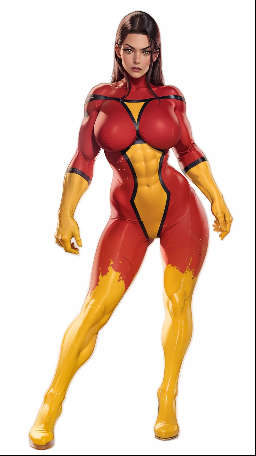 Obra maestra, La mejor calidad:1.2), ((muscular:1.5)) ((hembra:1.5)),tetona,curva, ((Traje totalmente rojo)), sexy, Grande_Tetas,(Pintura digital: 1.4), Una hermosa mujer con un disfraz de Spider-Woman, Frente al espectador, De pie en un edificio, Antecedentes urbanos, La mejor obra maestra, Muy alto detalle, realista, 8k,(Traje rojo),(Apocalyptic background),