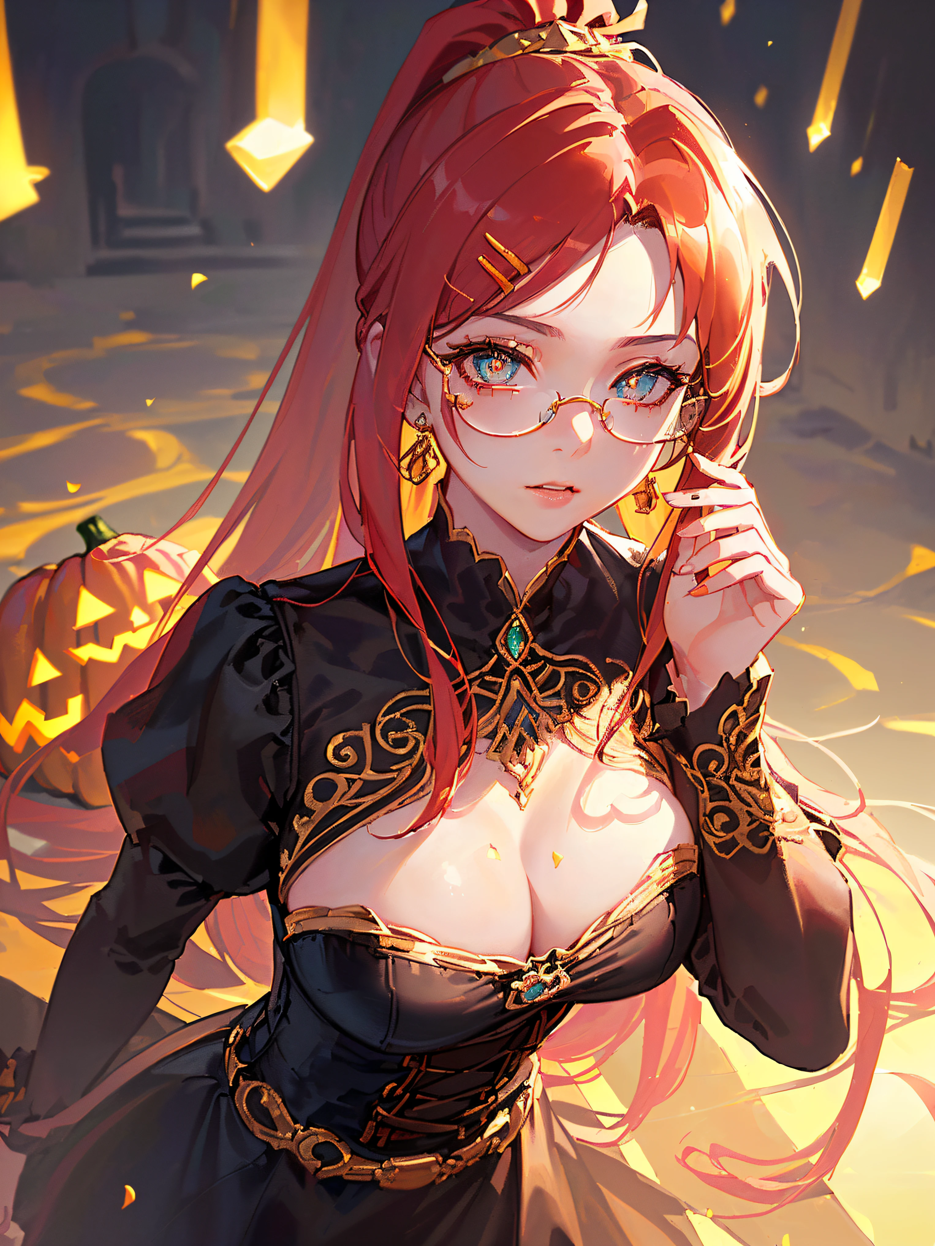 ((((holloween theme,meticulous portrayal of face，1 noblewoman，a matural female，))))(Black dress long dress，)(dark night background+,perfect background)，Prom，Court etiquette，  s the perfect face， Perfect lips， perfect  eyes,)(((theater gothic dress,long sleeves,red hair,puff sleeves,corset,large breasts)))，((1lady,adorable korean mixed race of Saudi Arabia girl，rosto magro，Solo,))(Masterpiece,Best quality, offcial art, Beautiful and aesthetic:1.2),((超高分辨率,Golden ratio,)) (16k),((theater mask,round eyewear,melon face，from above，1JK,pumpkin,pumpkin light,big flower crown)),(Physically-based rendering),Amazing,Sharp focus, (((highdetailskin,))),Intricately detailed clothing，Burgundy pupils,Hexagram pupils,intricate pupils,((((detailed hair|long hair|long bangs|ponytail)))),((Slender,))(masterpiece sidelighting),(The sheen),(beautiful hair,beautiful eyes,）[[Delicate fingers and hands:0.55]::0.85],(Detail fingers),(((Superior quality)))),((unbelievable Ridiculous,)),((extremely_Detailed_Eyes_and_face)),Movie girl,(Dynamic configuration: 1.2),Brilliant,Beautiful woman, (Photorealistic),( maple,), mitts, star earrings, ((hairclip)), Light particles, view the viewer,  petals, Side Rock,, two-sided fabric