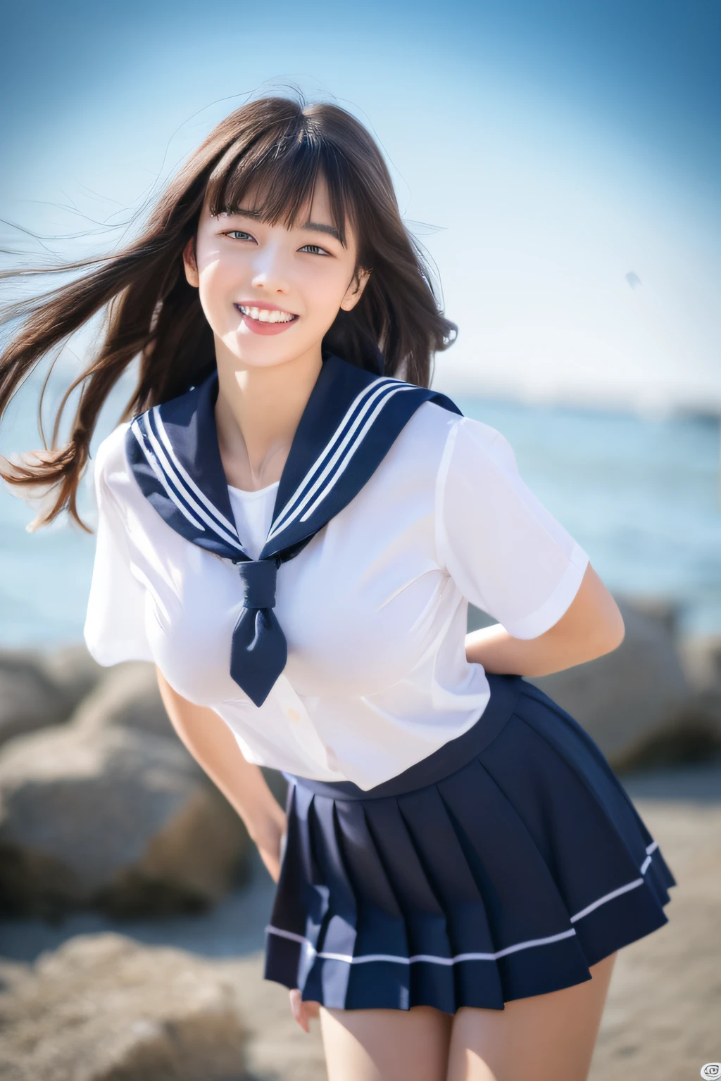 8K raw photo, Best quality, masterpiece, ultra high res, 3d, realistic, 1girl, asian, black_hair, black_sailor_collar, long_hair, nose, school_uniform, neckerchief, natural skin texture, light brown_eye, detailed eyes and face, lips, lipstick, smile, teeth, beautiful legs, enormous breasts, beautiful seaside location, (detailed background), plaid skirt, white shirt, enormous breast, blurry background, short sleeves