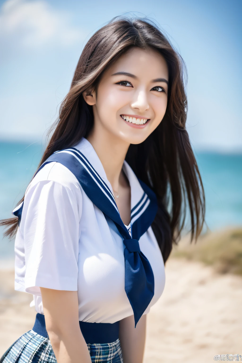 8K raw photo, Best quality, masterpiece, ultra high res, 3d, realistic, 1girl, asian, black_hair, black_sailor_collar, long_hair, nose, school_uniform, neckerchief, natural skin texture, light brown_eye, detailed eyes and face, lips, lipstick, smile, teeth, beautiful legs, enormous breasts, beautiful seaside location, (detailed background), plaid skirt, white shirt, enormous breast, blurry background, short sleeves