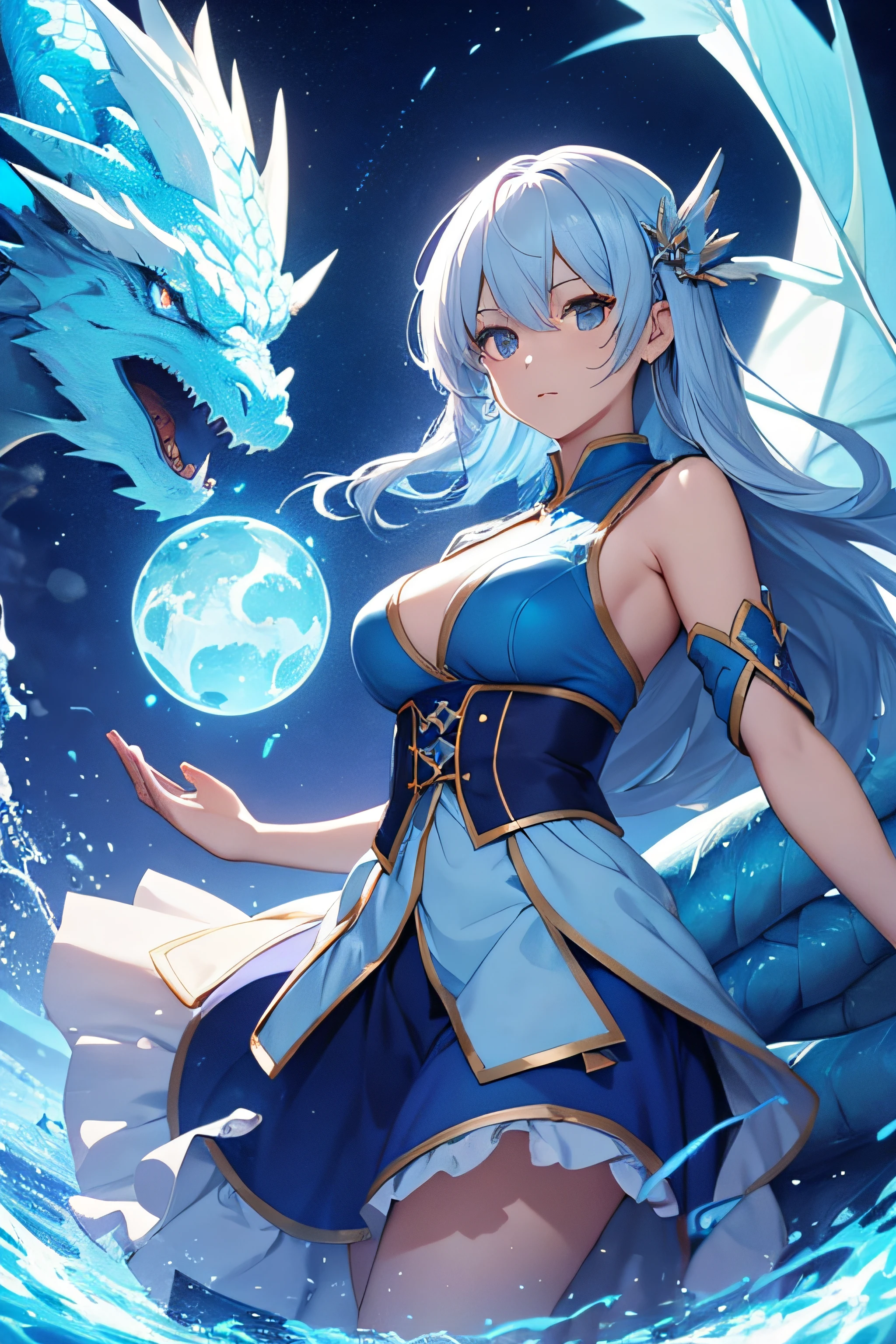 a girl with blue dress and white hair in dragon hunter style,mouint in the air with a large blue dragon, in HD, beautiful and with a powerful aura, 4k, details